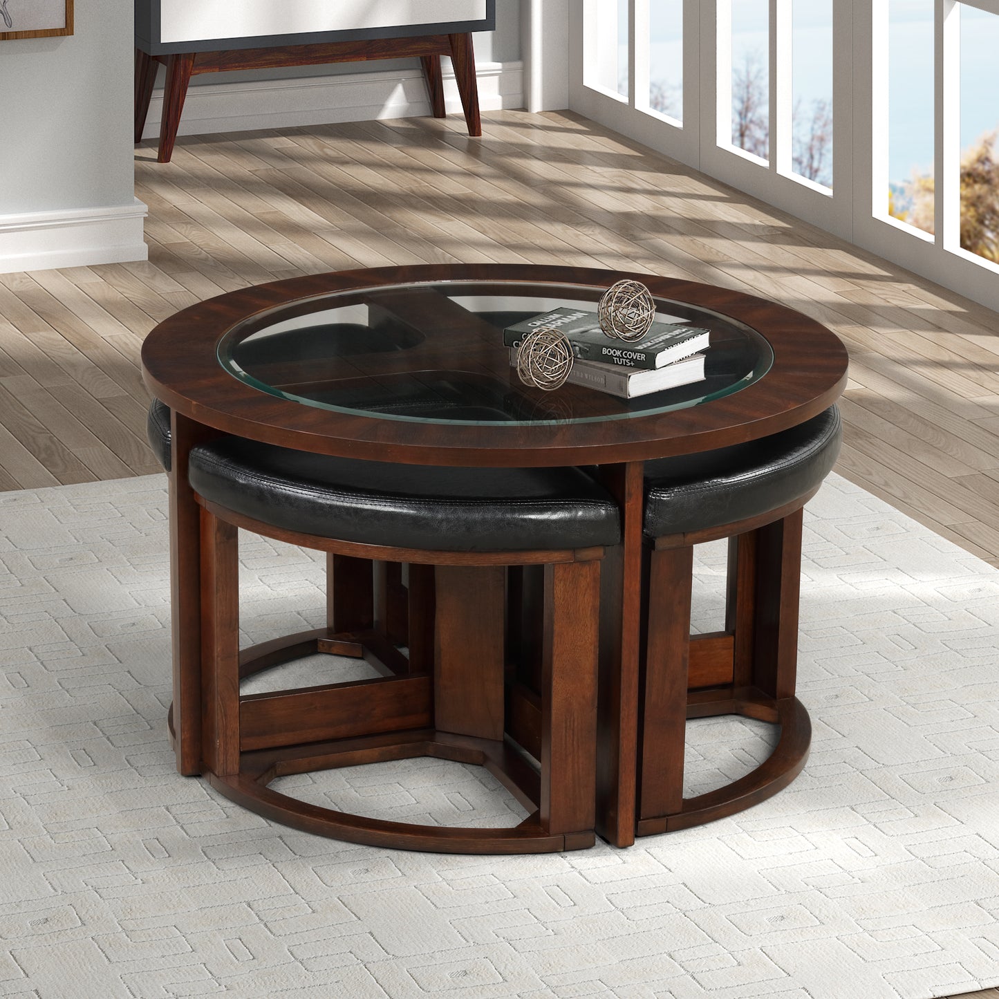 Solid Wood Glass Top Coffee Table w/ Stools