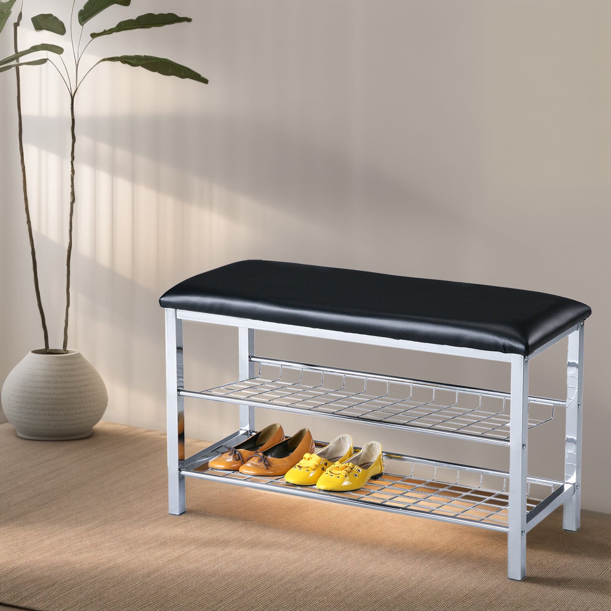 2 Tier Black Entryway Shoe Rack Bench with Cushioned Faux Leather