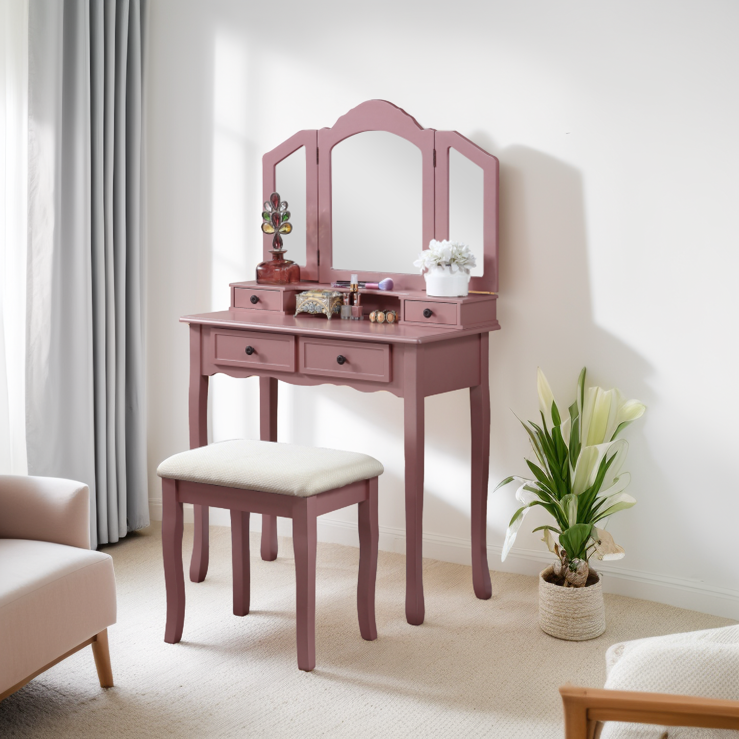 Sanlo Wooden Vanity Make Up Table and Stool Set, Rose Gold
