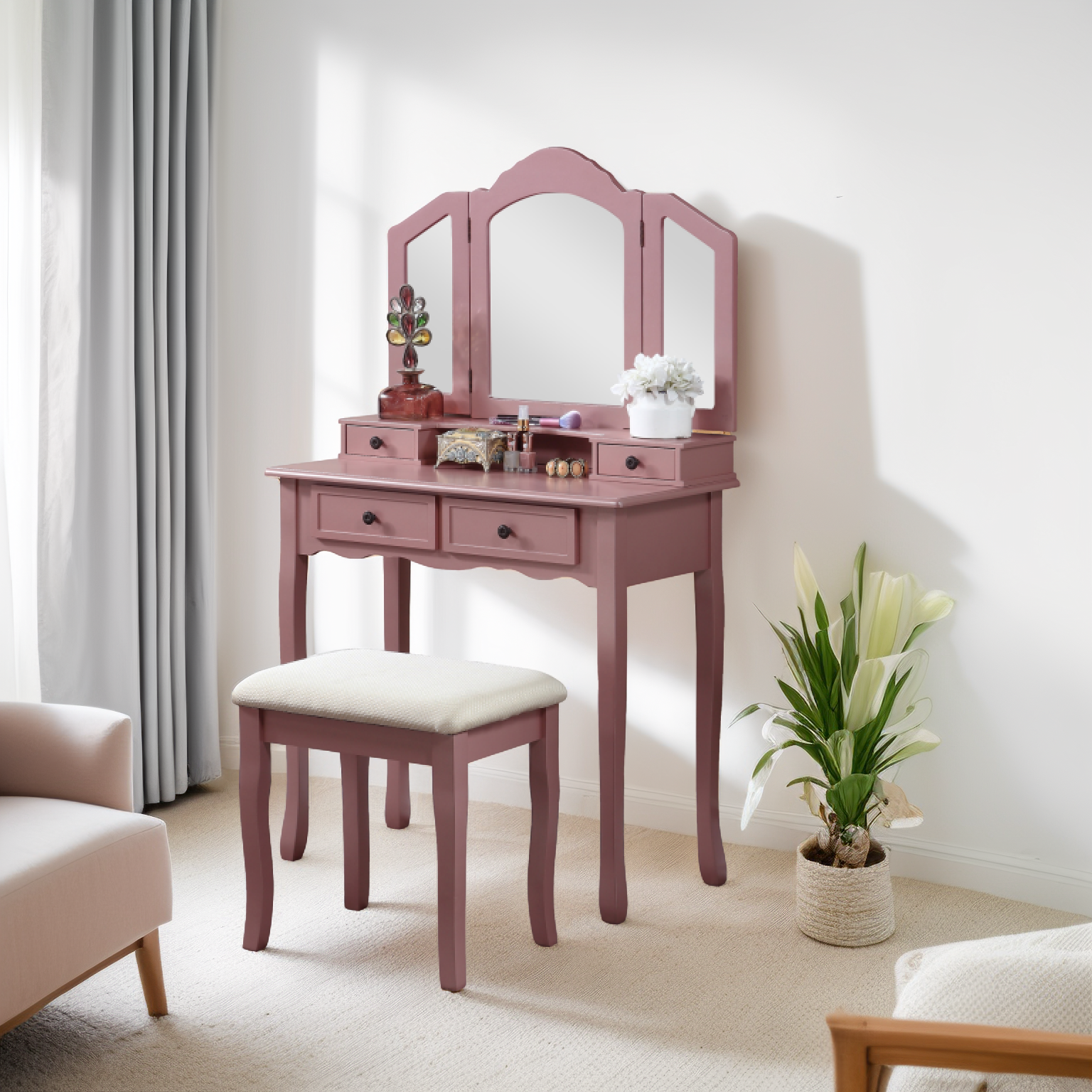 Sanlo Wooden Vanity Make Up Table and Stool Set Rose Gold