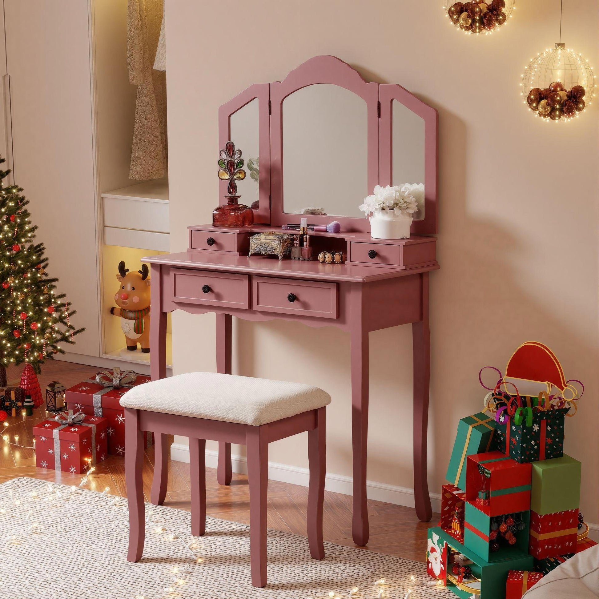 rose gold dressing table stool Amazon.com: Tiokop 43" Dressing Table Stool, Tri-fold Mirror, Makeup Vanity Set with 5 Drawers, Perfect for Bedroom (Rose Gold) :