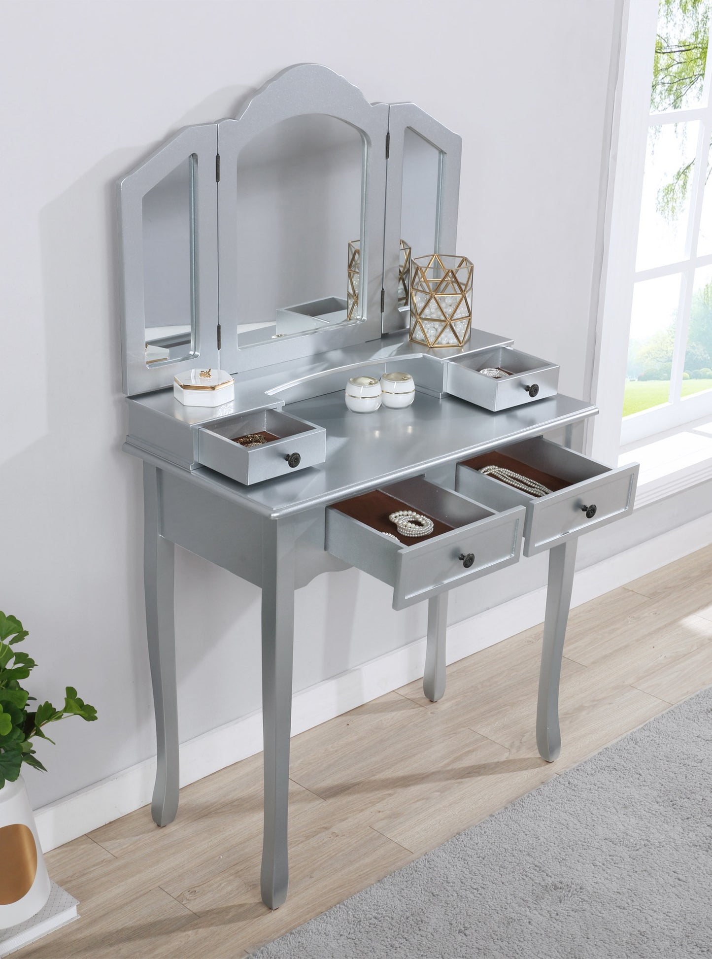 Sanlo Silver Wooden Vanity, Make Up Table and Stool Set