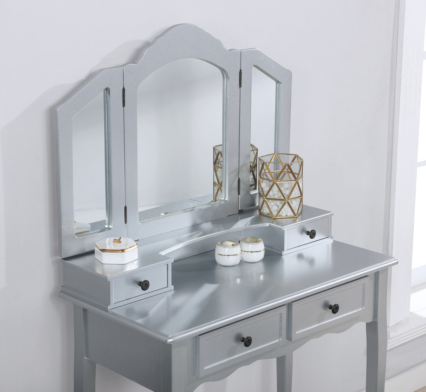 Sanlo Silver Wooden Vanity, Make Up Table and Stool Set
