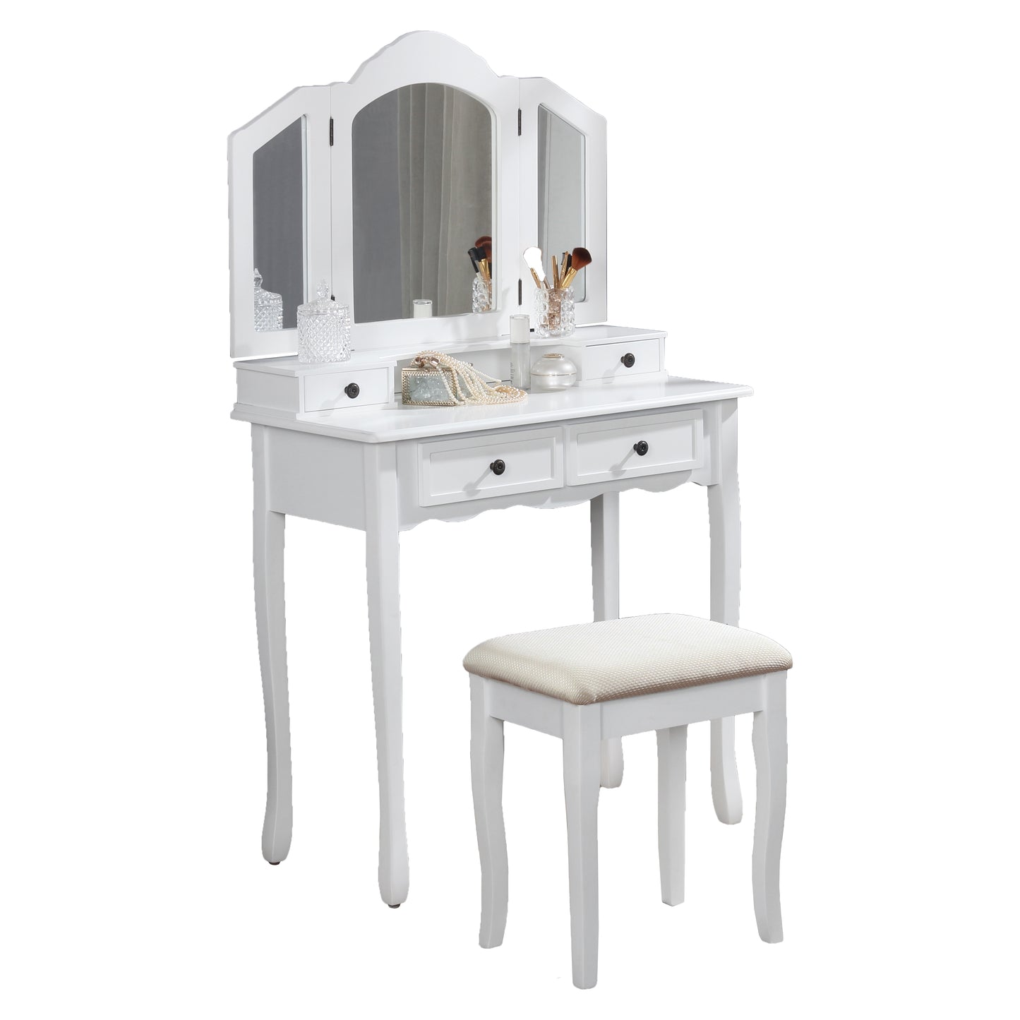 Sanlo White Wooden Vanity, Make Up Table and Stool Set