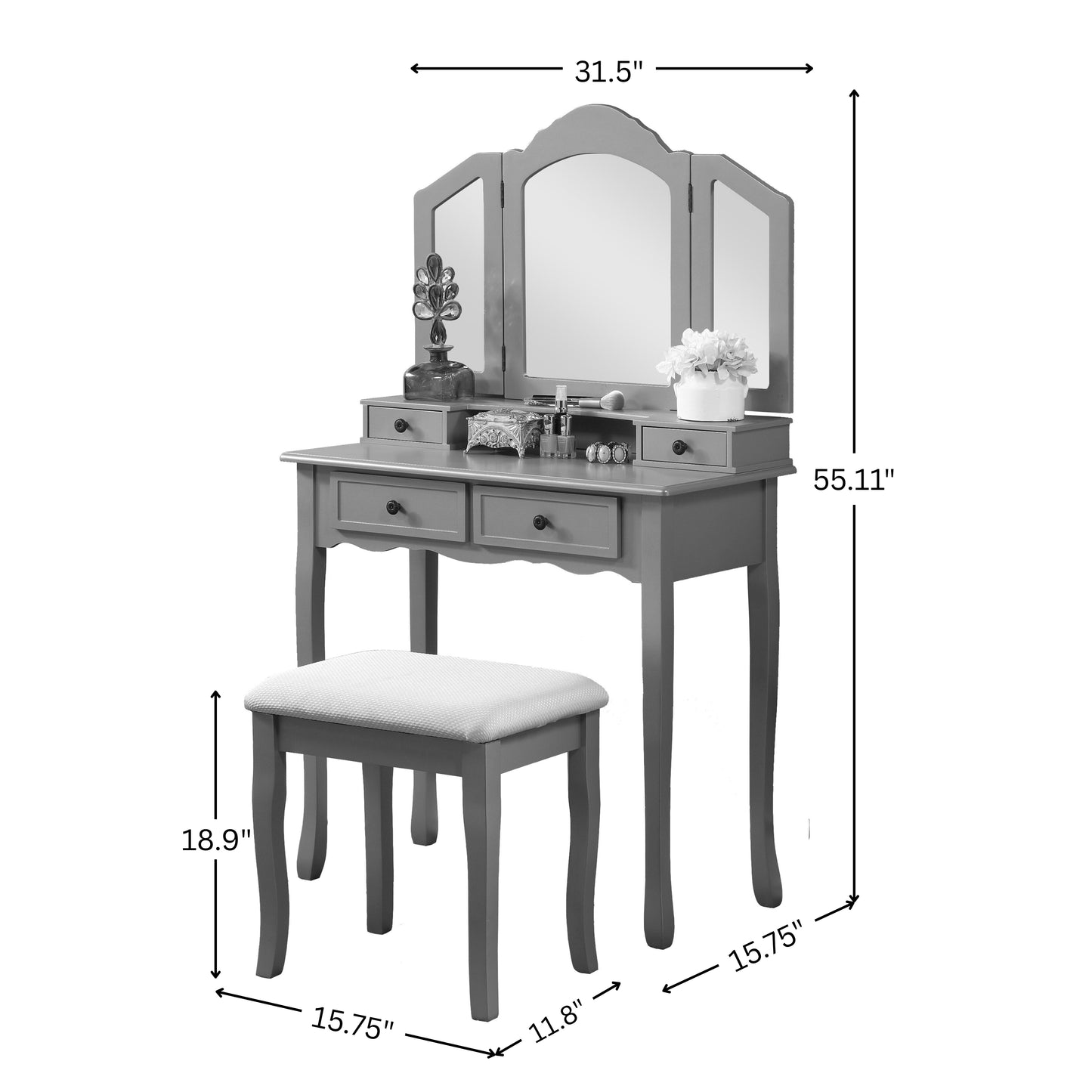 Sanlo Silver Wooden Vanity, Make Up Table and Stool Set