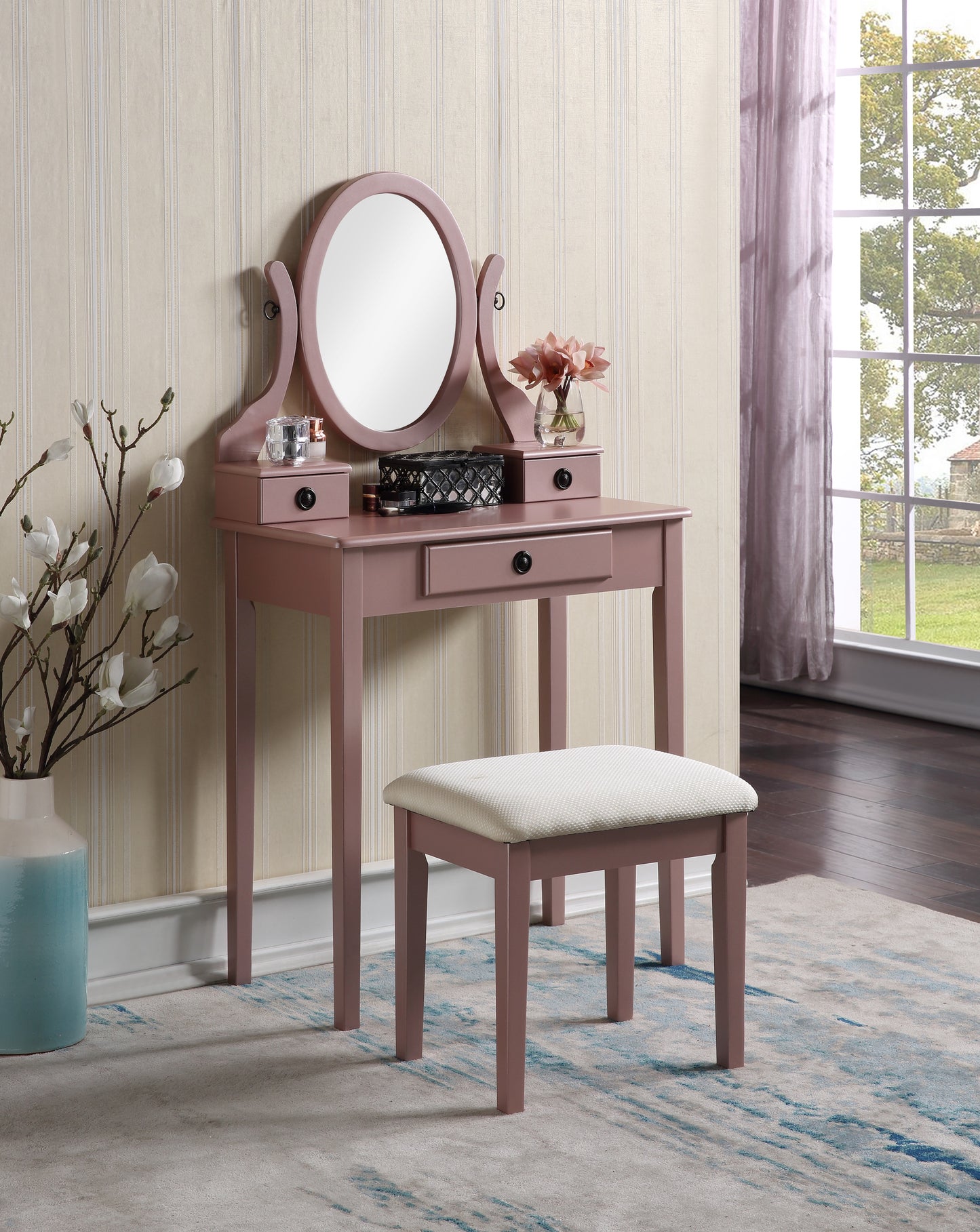 Roundhill Furniture Moniya Wood Makeup Vanity Table and Stool Set, Rose Gold