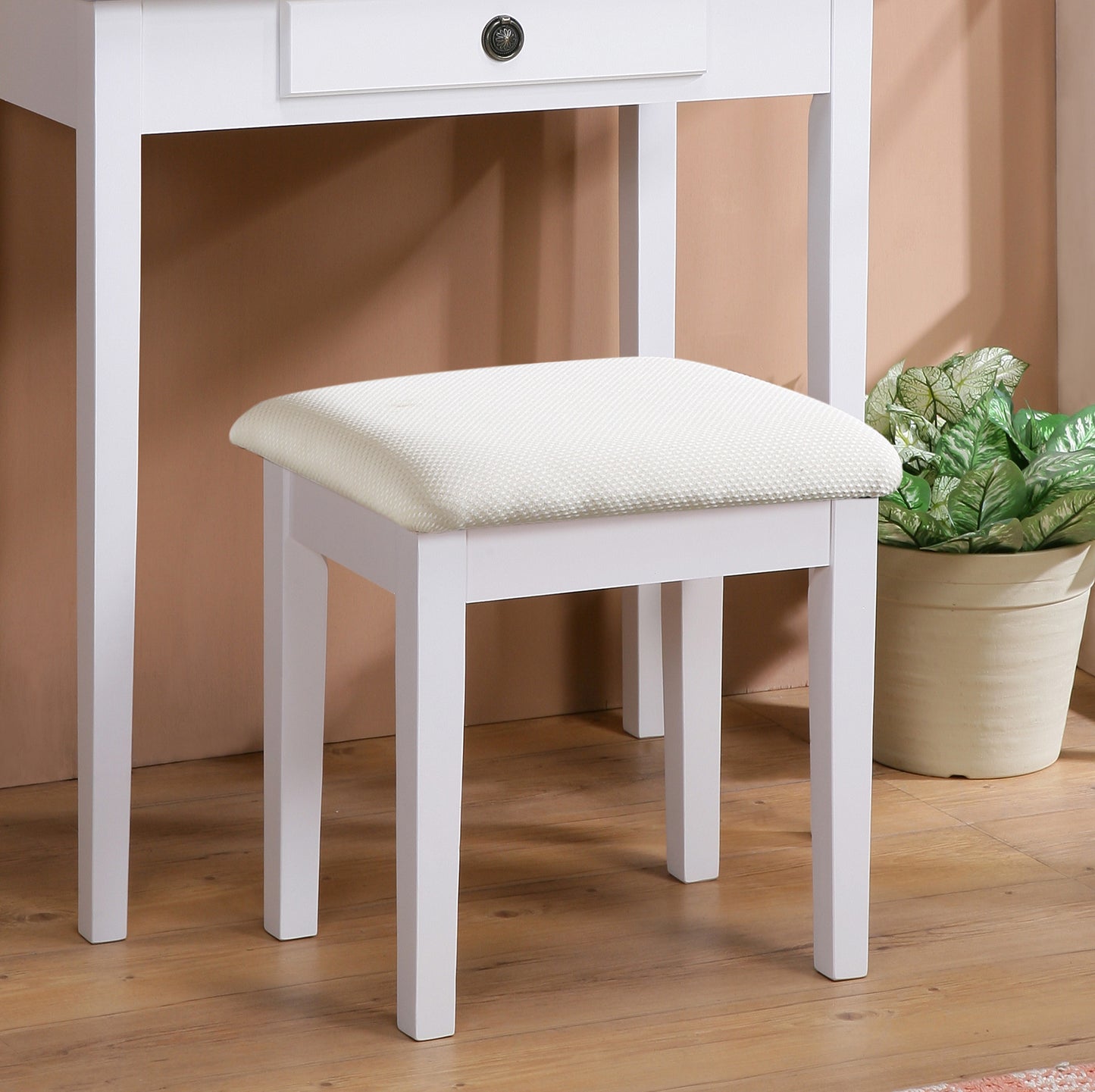 Moniya White Wood Vanity Table and Stool Set, White