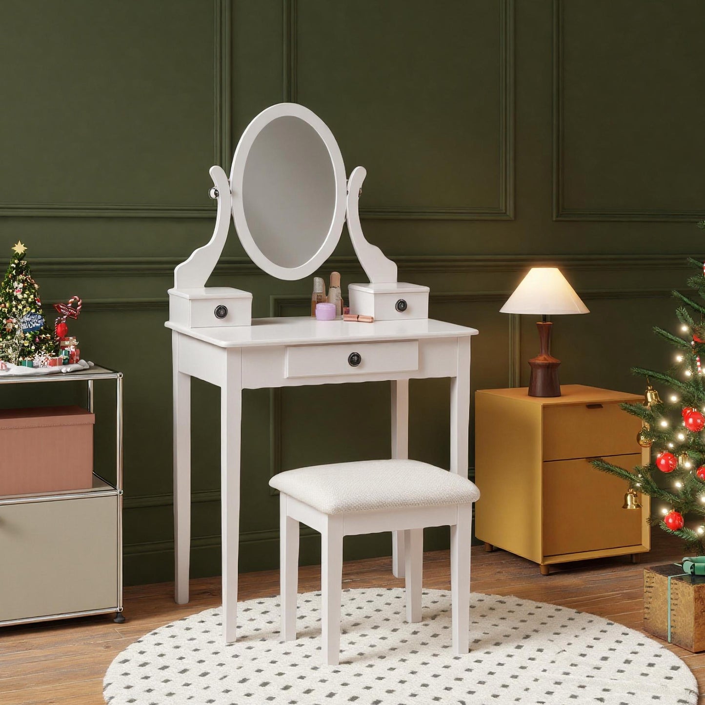 Moniya White Wood Vanity Table and Stool Set, White