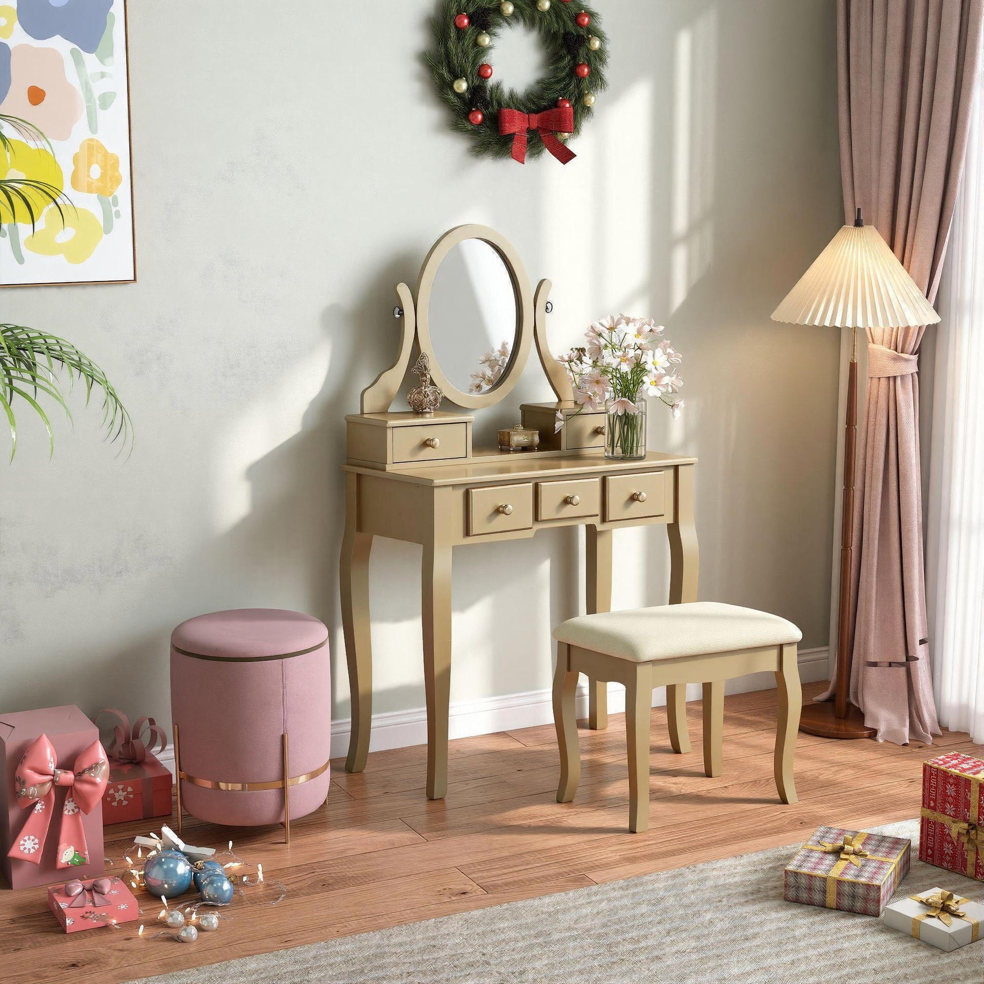 Ashley Gold Wood Makeup Vanity Table and Stool Set Roundhill Furniture Ashley Gold Wood Makeup Vanity Table and Stool Set Roundhill Furniture