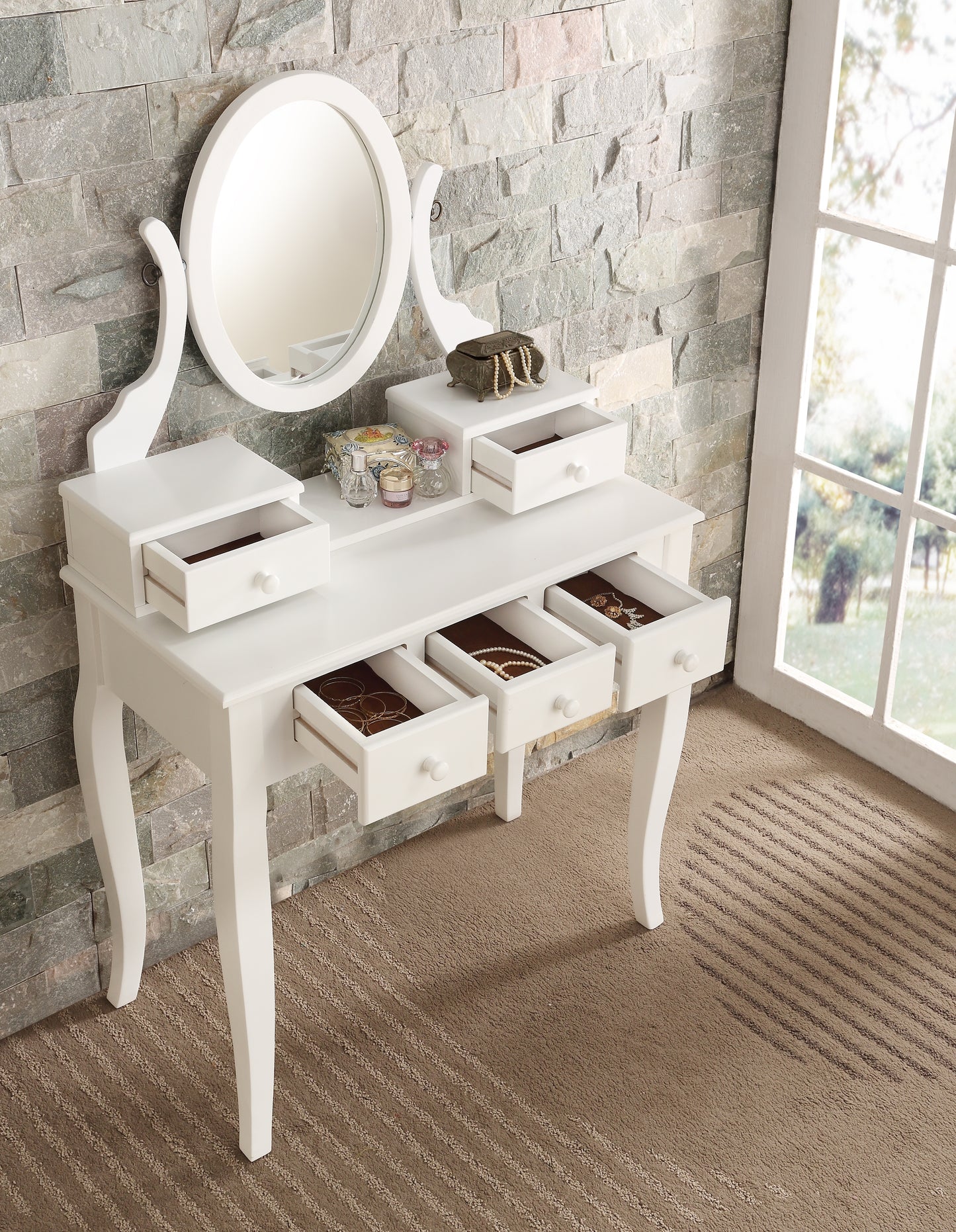 Ashley Wood Makeup Vanity Table and Stool Set  White