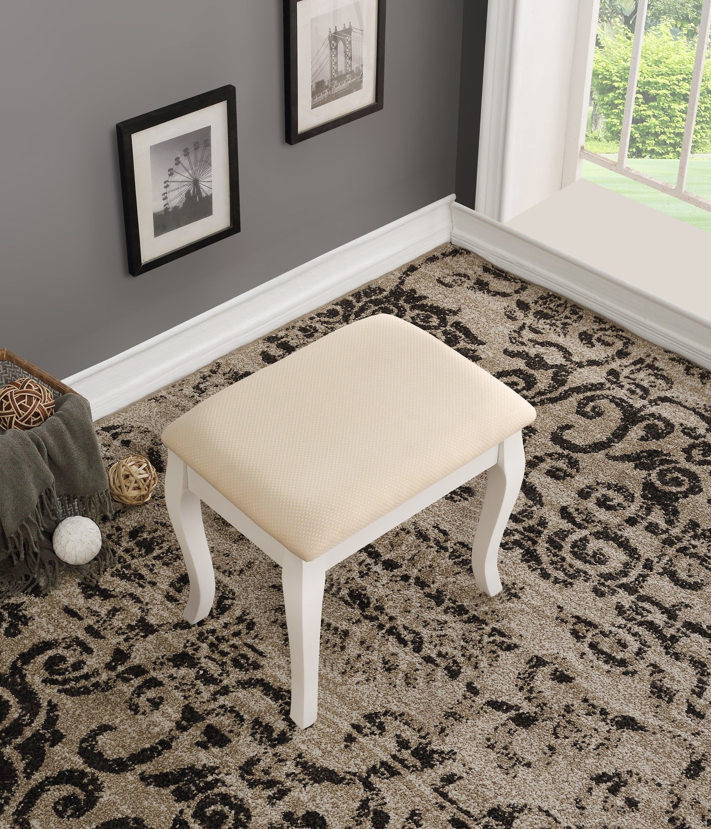 Ashley Wood Makeup Vanity Table and Stool Set  White