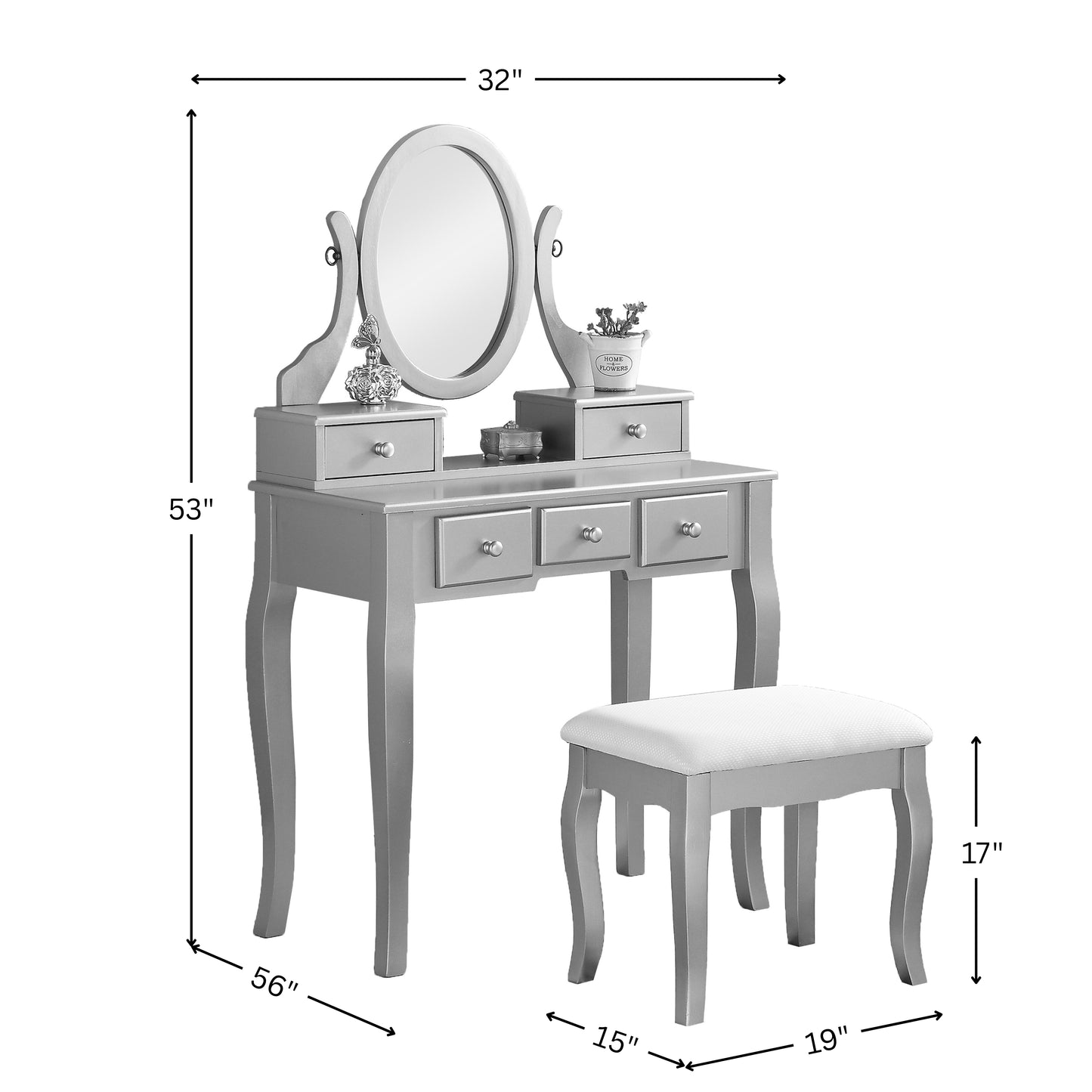 Ashley Wood Makeup Vanity Table and Stool Set  White
