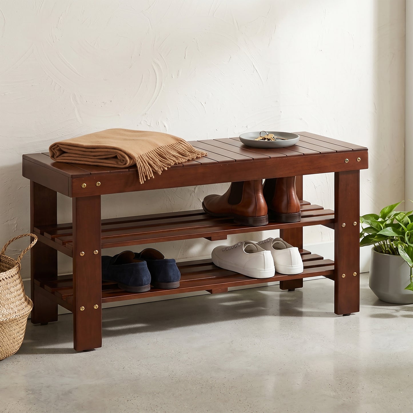 Cherry Finish Solid Wood Shoe Bench with Shelf