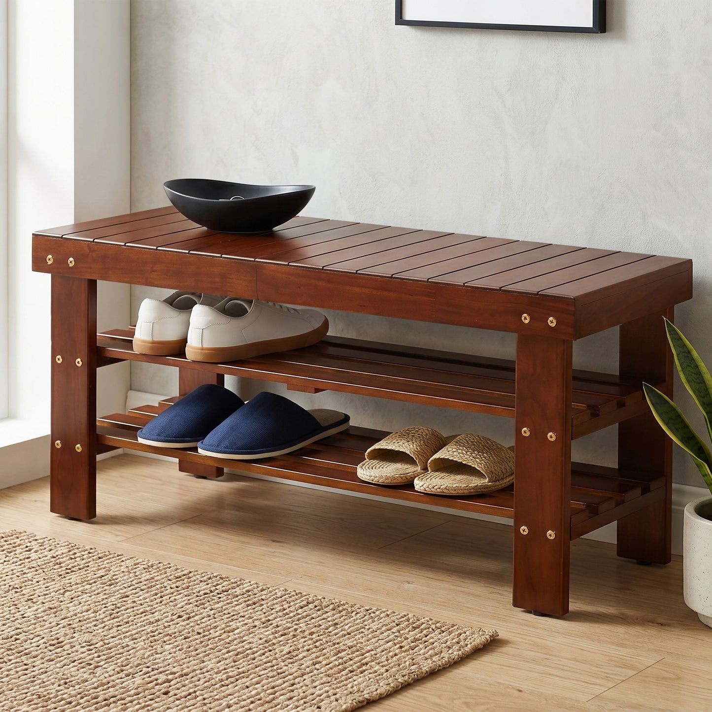 Cherry Finish Solid Wood Shoe Bench with Shelf