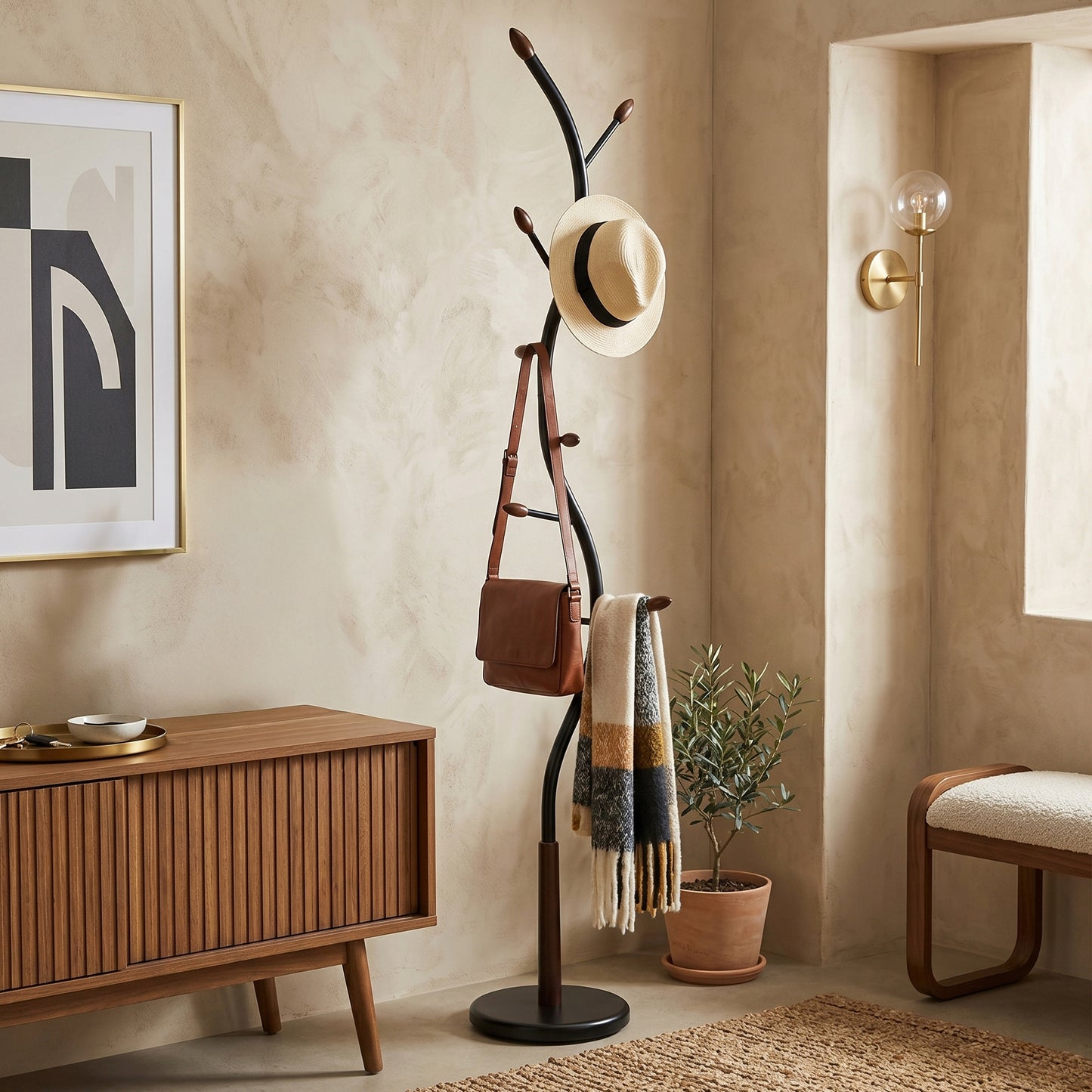 Arles Metal Black and Walnut Standing Coat Rack