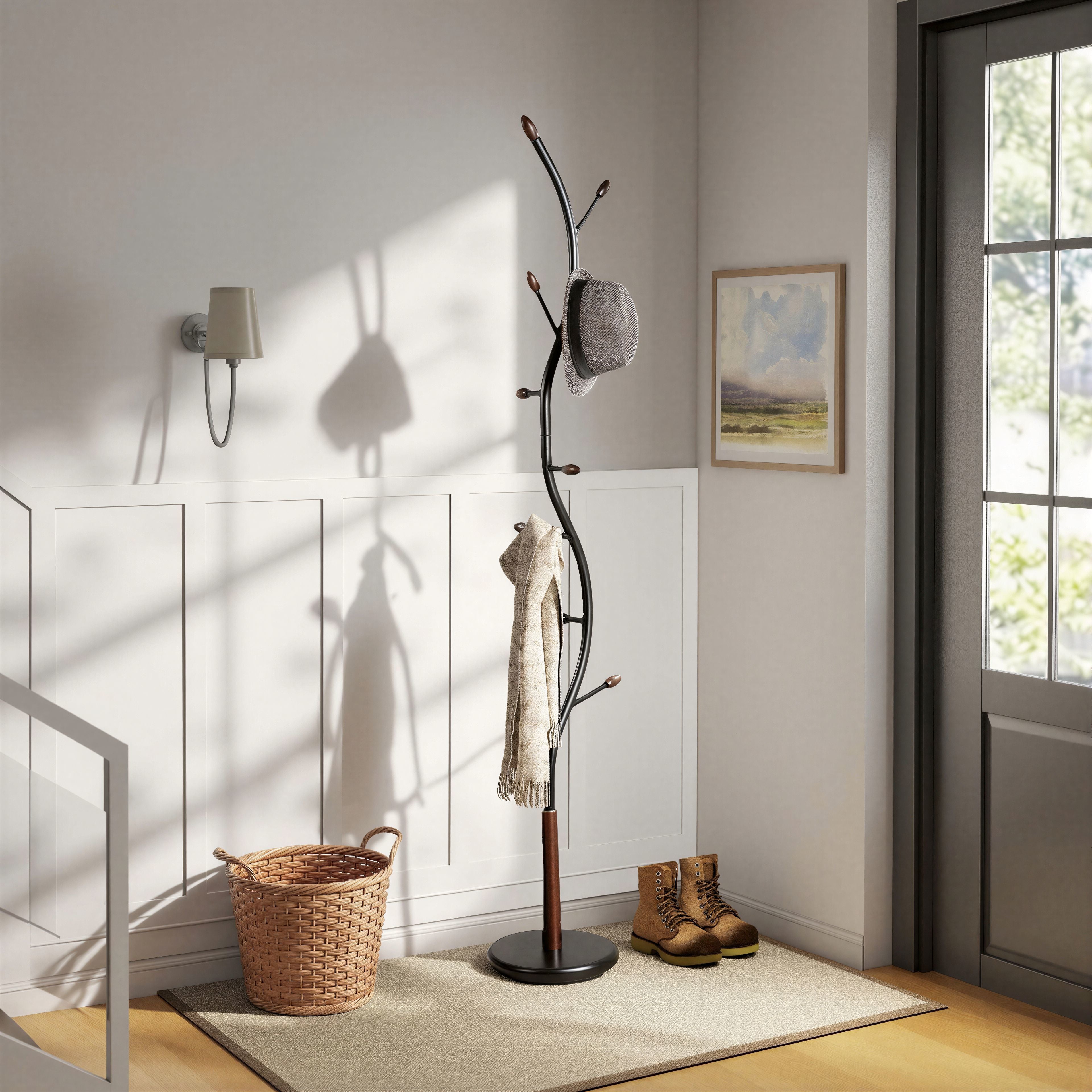 Arles Metal Black and Walnut Standing Coat Rack – Roundhill Furniture