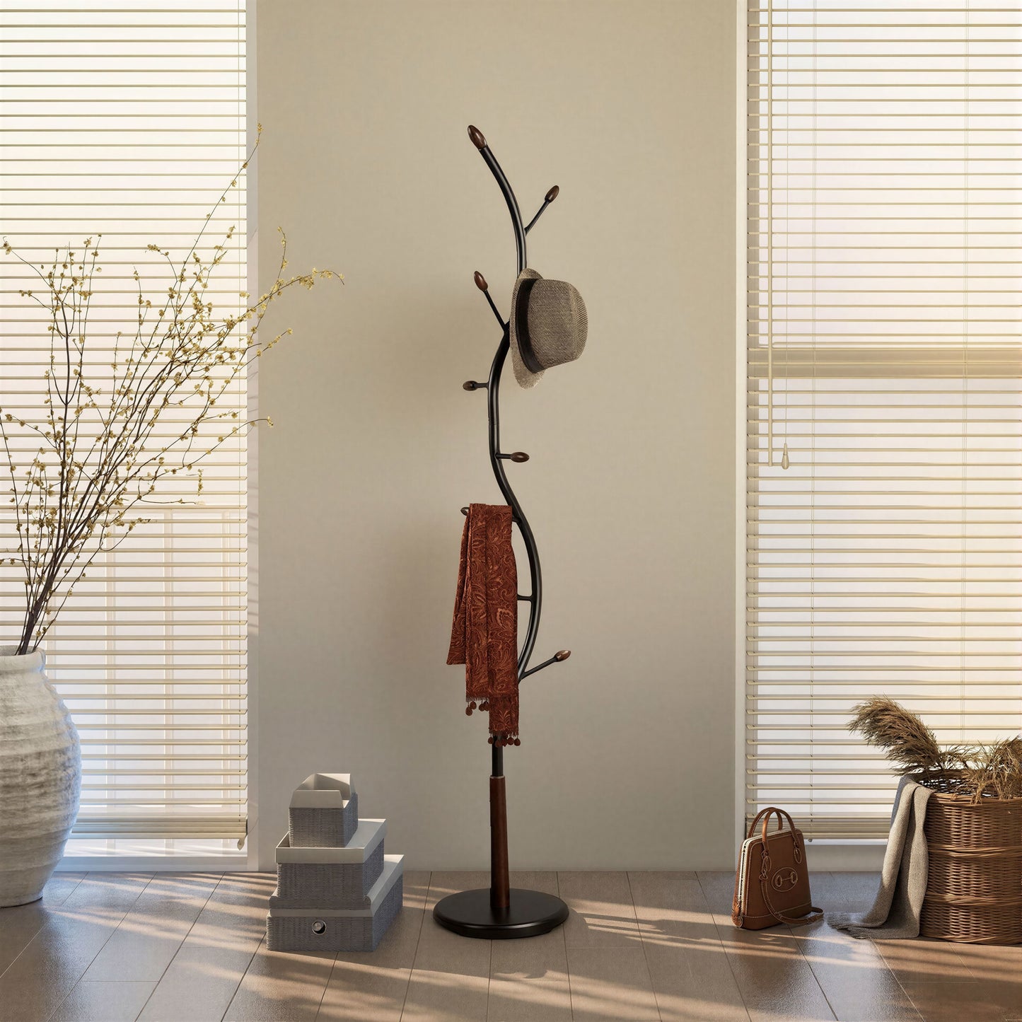 Arles Metal Black and Walnut Standing Coat Rack