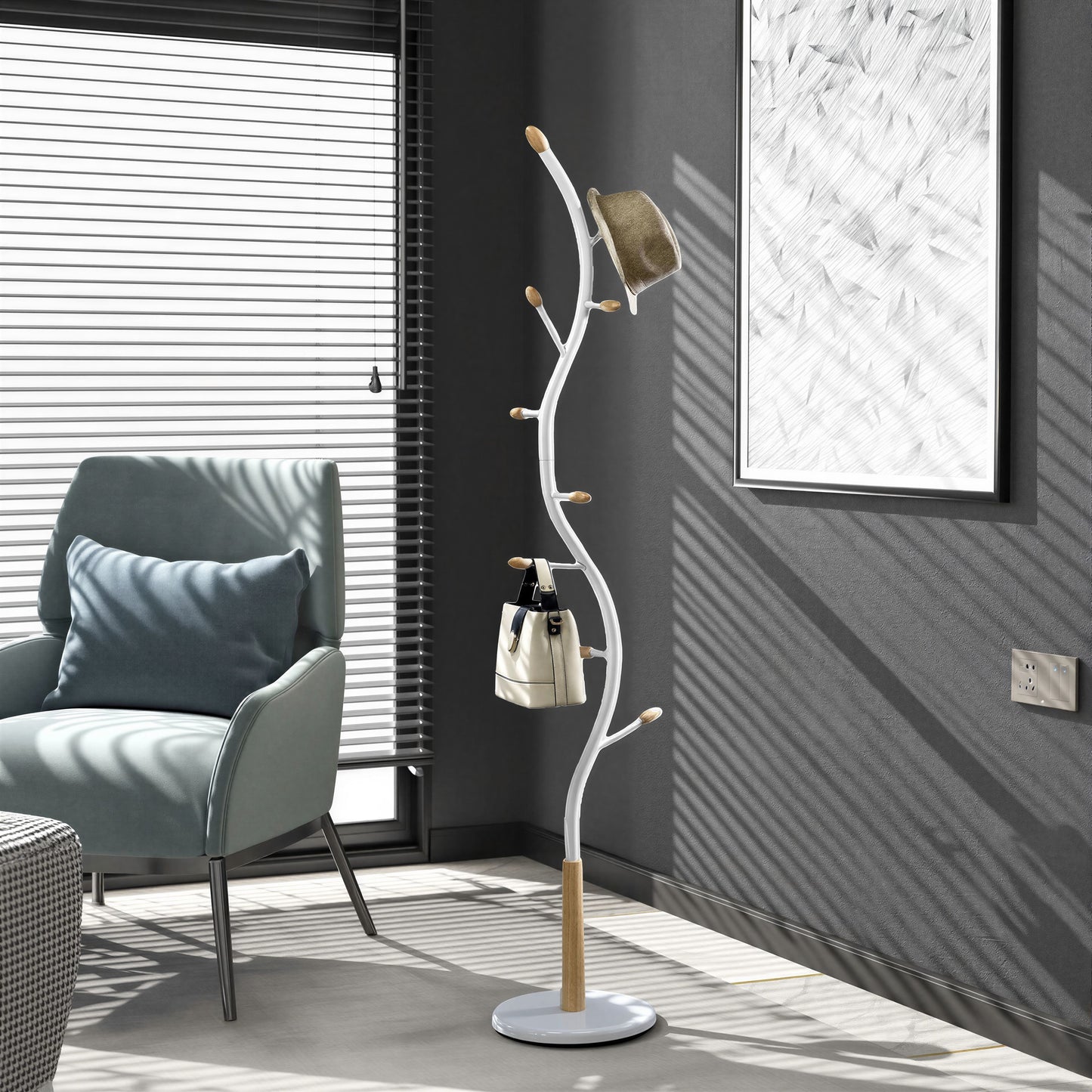 Arles Metal White and Oak Standing Coat Rack