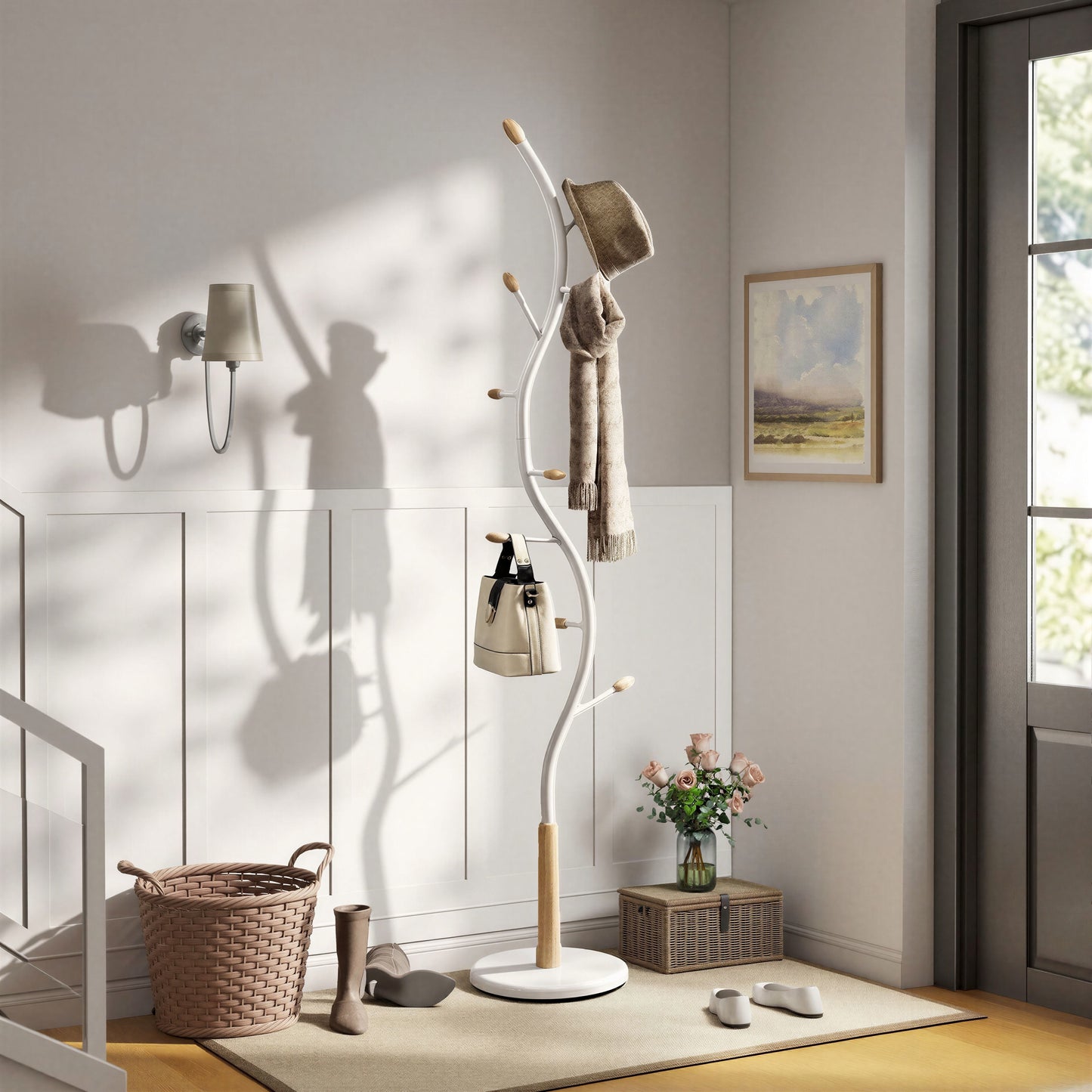 Arles Metal White and Oak Standing Coat Rack