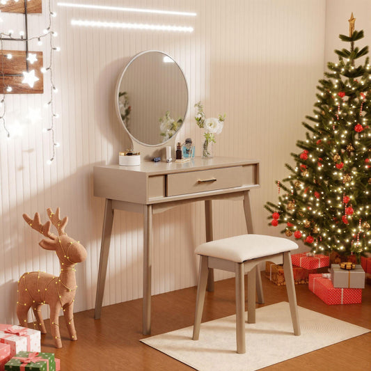 Maly Contemporary Wood Vanity and Stool Set, Gold