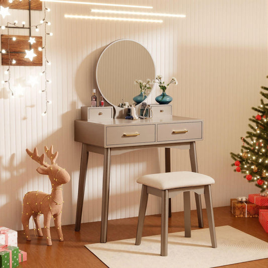 Liannon Contemporary Wood Vanity and Stool Set, Gold