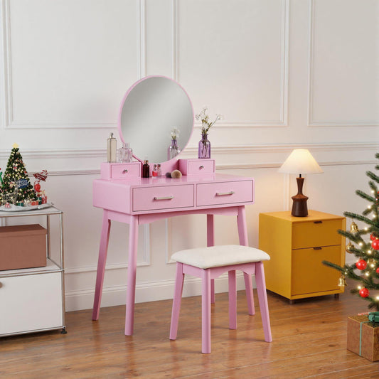 Liannon Contemporary Wood Vanity and Stool Set, Pink