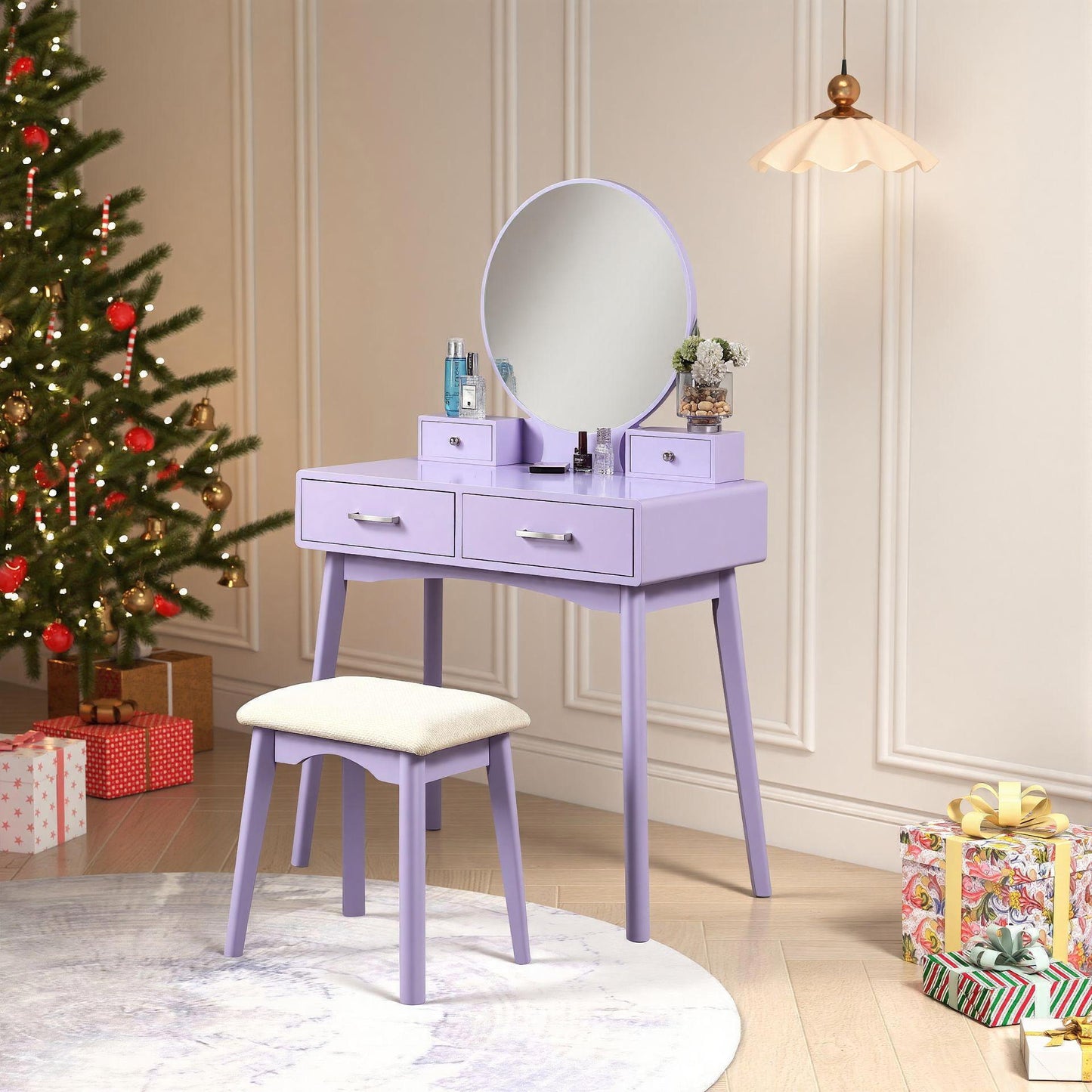 Liannon Contemporary Wood Vanity and Stool Set, Purple