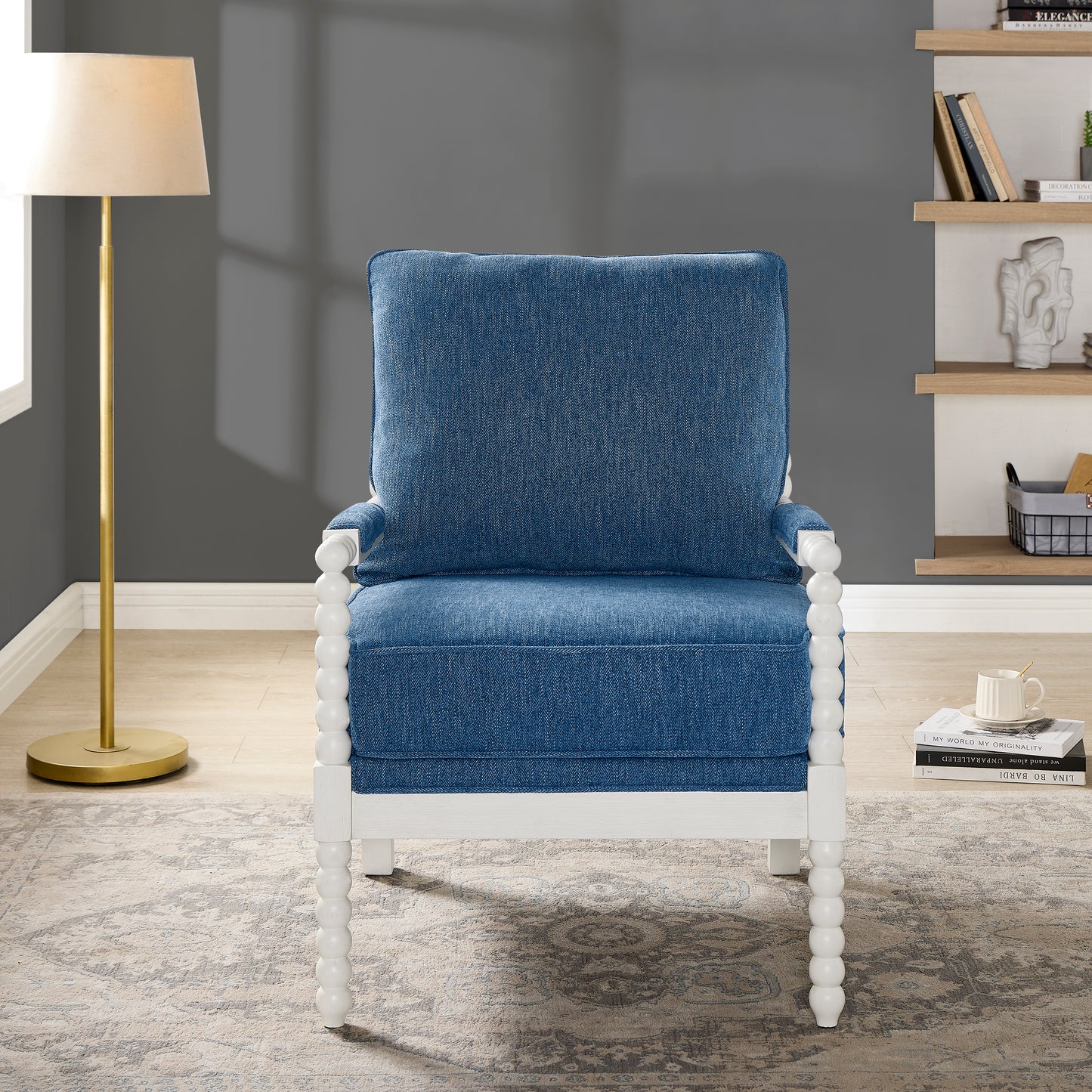 Roundhill Furniture Belvoir Upholstered Spool Accent Chair with Turned Wood Frame