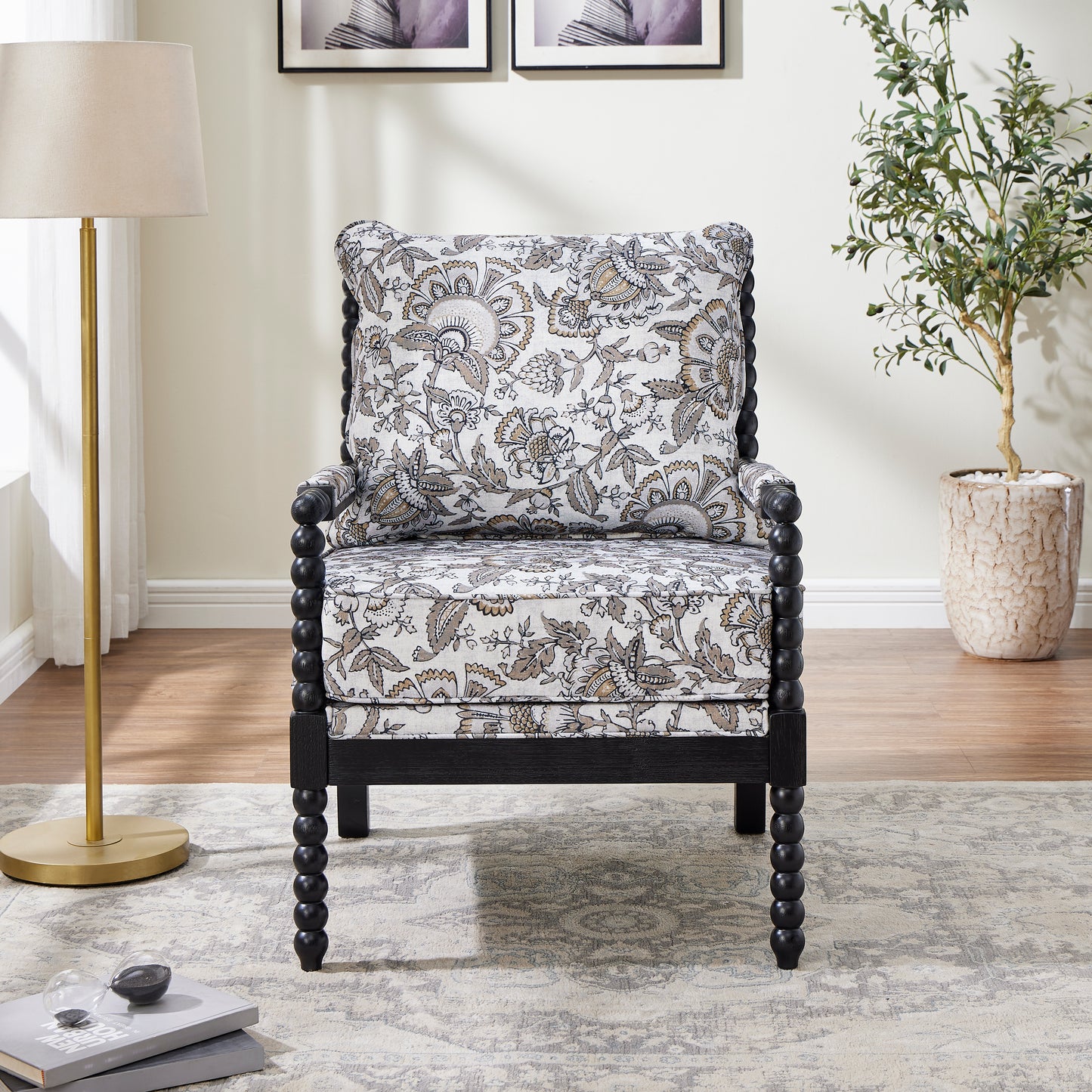 Roundhill Furniture Belvoir Upholstered Spool Accent Chair with Turned Wood Frame