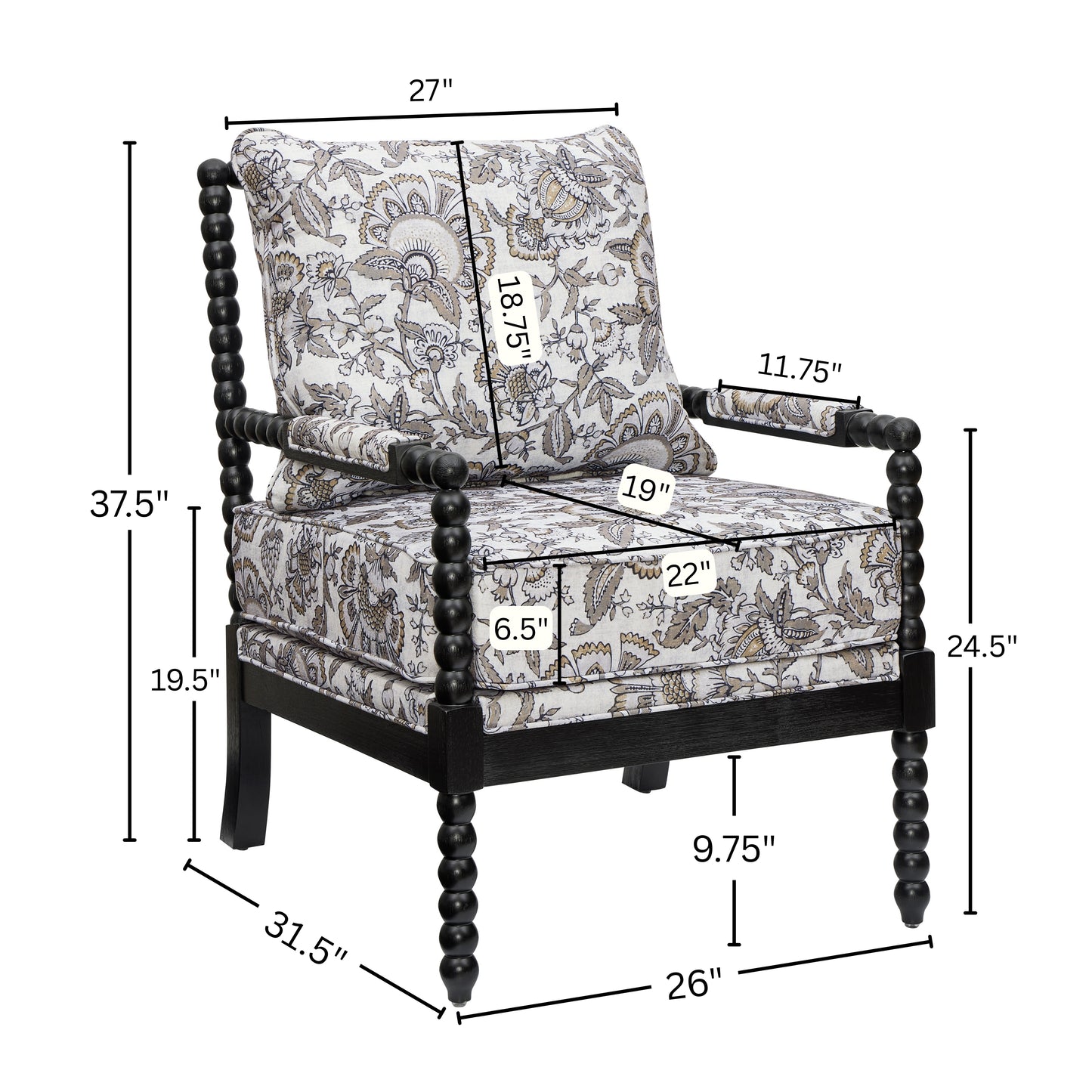 Roundhill Furniture Belvoir Upholstered Spool Accent Chair with Turned Wood Frame