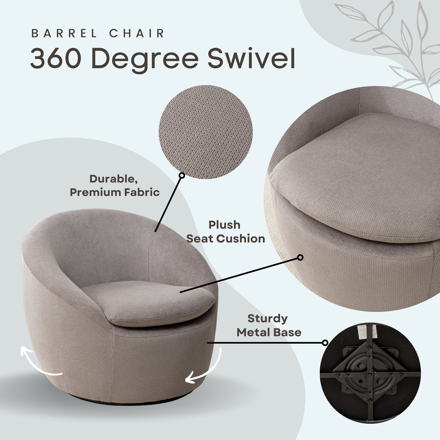 Roundhill Furniture Winnie Modern Barrel Chair, 360° Swivel