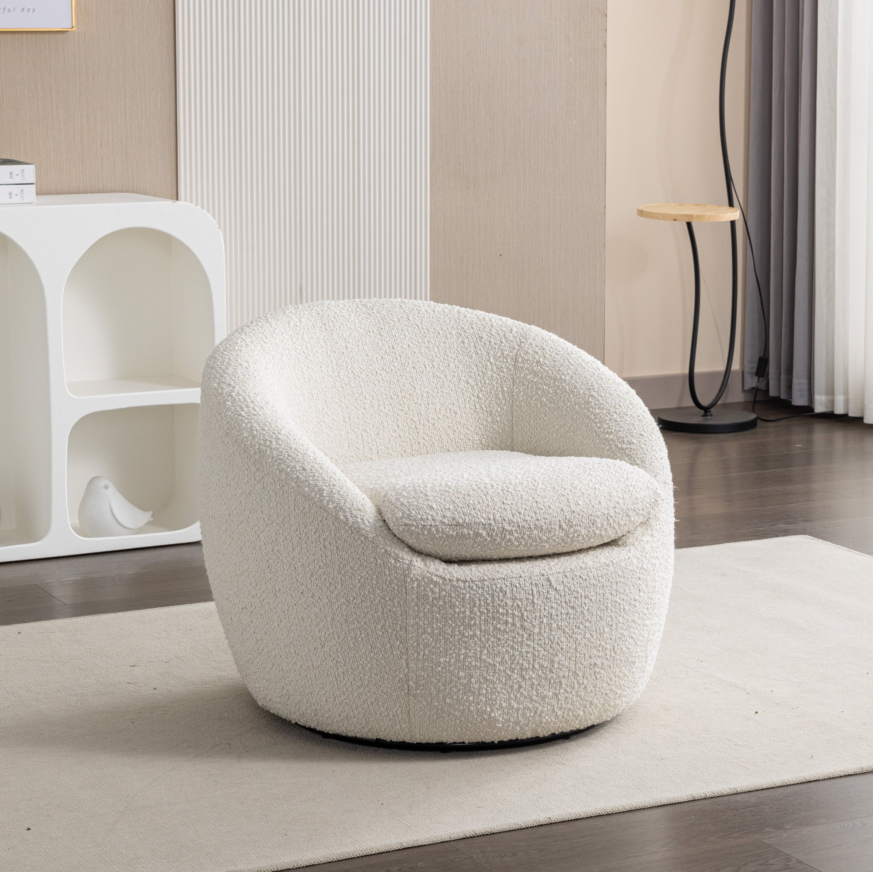 Roundhill Furniture Winnie Modern Teddy Boucle Fabric Barrel Chair 360 Degree Swivel White