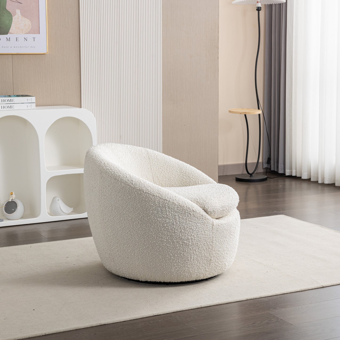 Roundhill Furniture Winnie Modern Teddy Boucle Fabric Barrel Chair, 360° Swivel, White