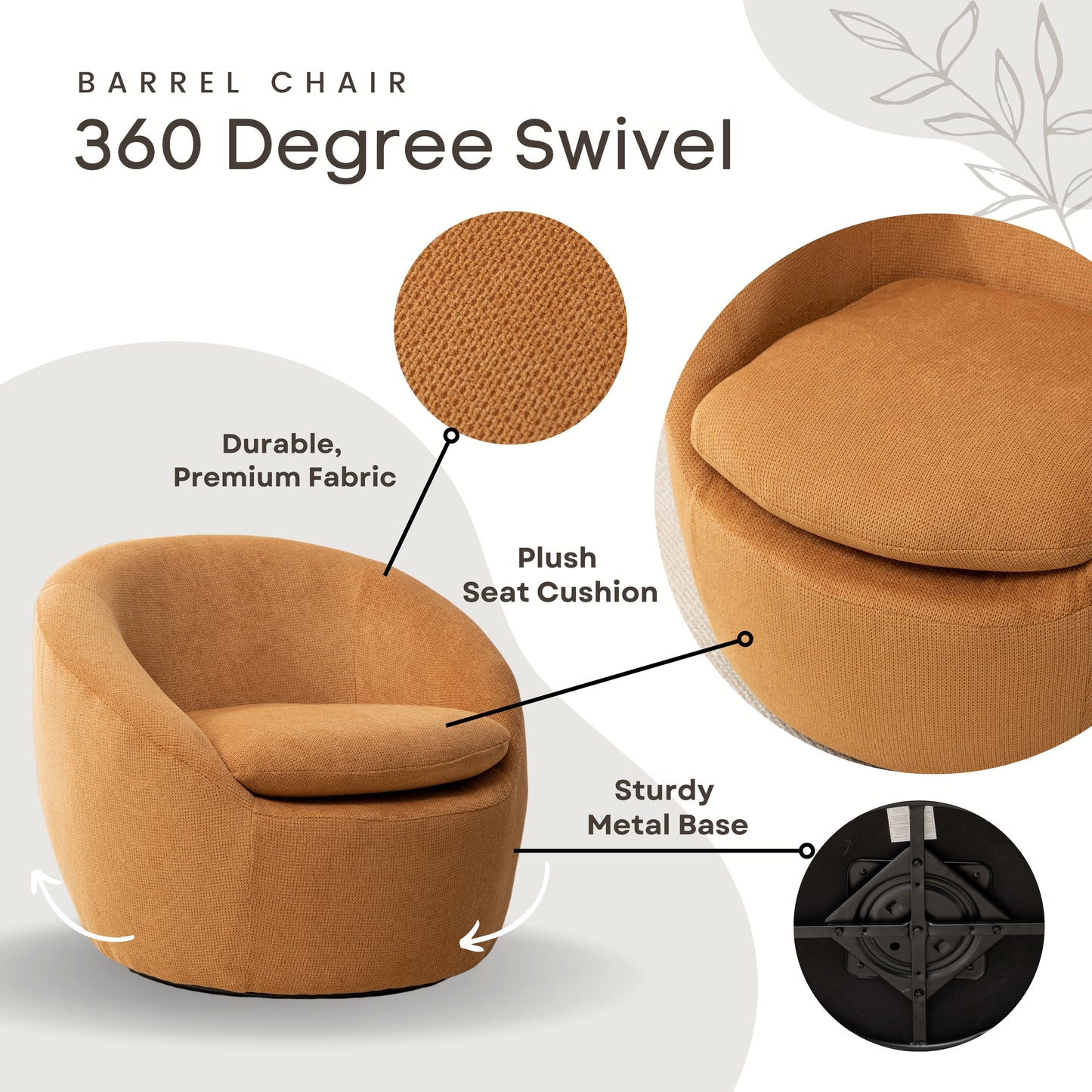 Roundhill Furniture Winnie Modern Barrel Chair, 360° Swivel