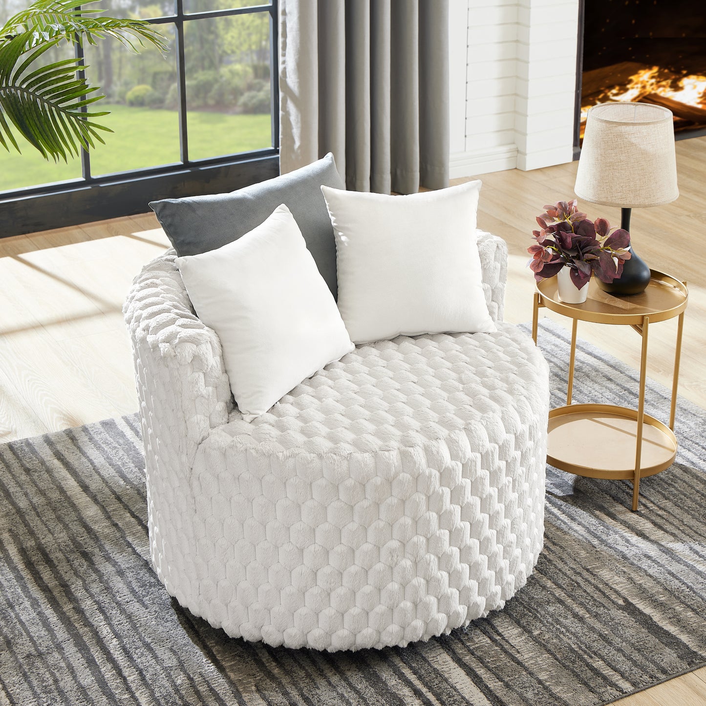 Roundhill Furniture Malna Plush 3D Upholstered Barrel Accent Chair with Wheels, Off-white