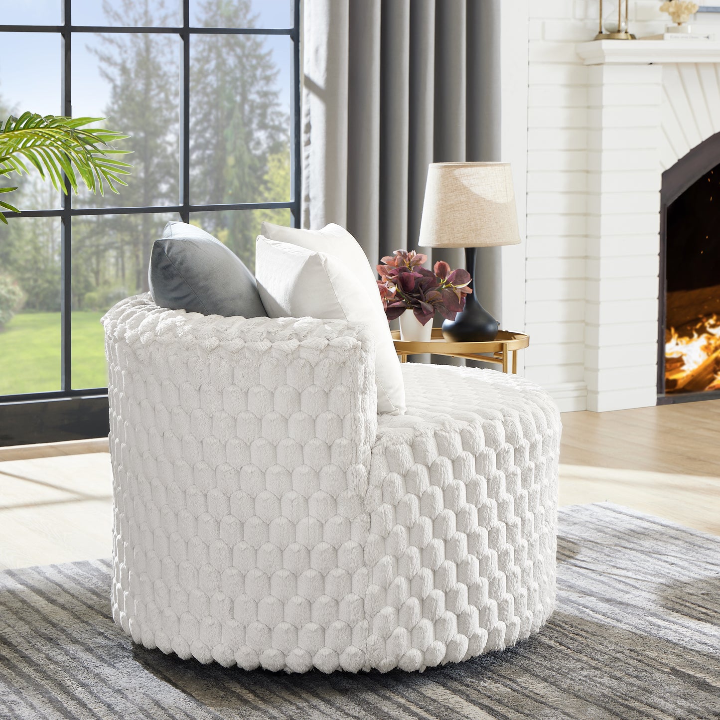 Roundhill Furniture Malna Plush 3D Upholstered Barrel Accent Chair with Wheels, Off-white