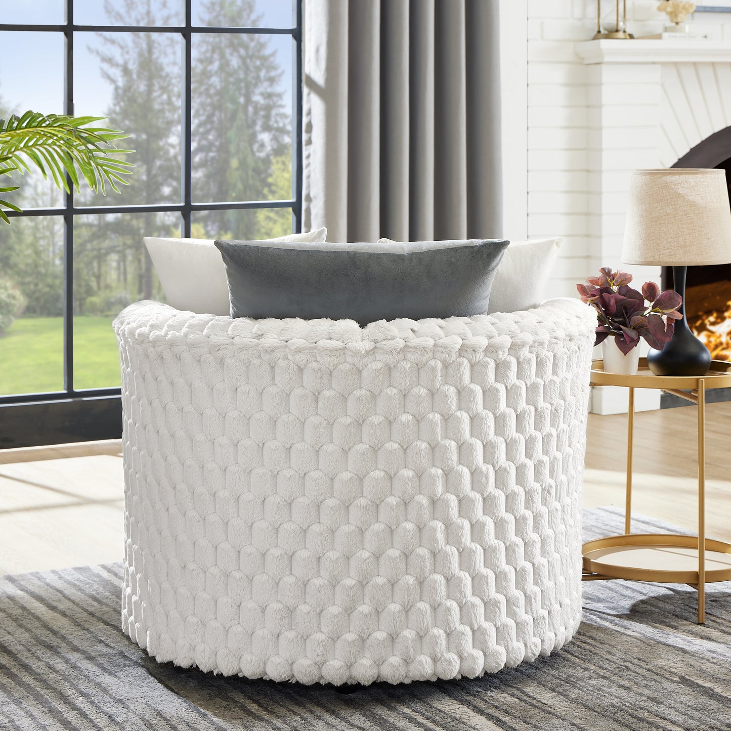 Roundhill Furniture Malna Plush 3D Upholstered Barrel Accent Chair with Wheels, Off-white