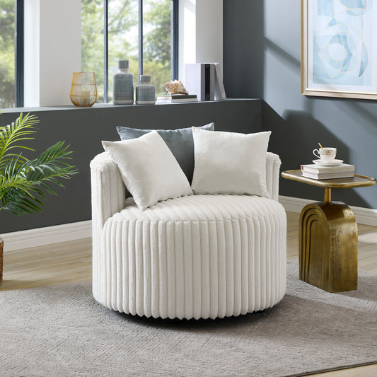 Roundhill Furniture Malna Plush Wide Wale Corduroy Barrel Accent Chair with Wheels, Off-white