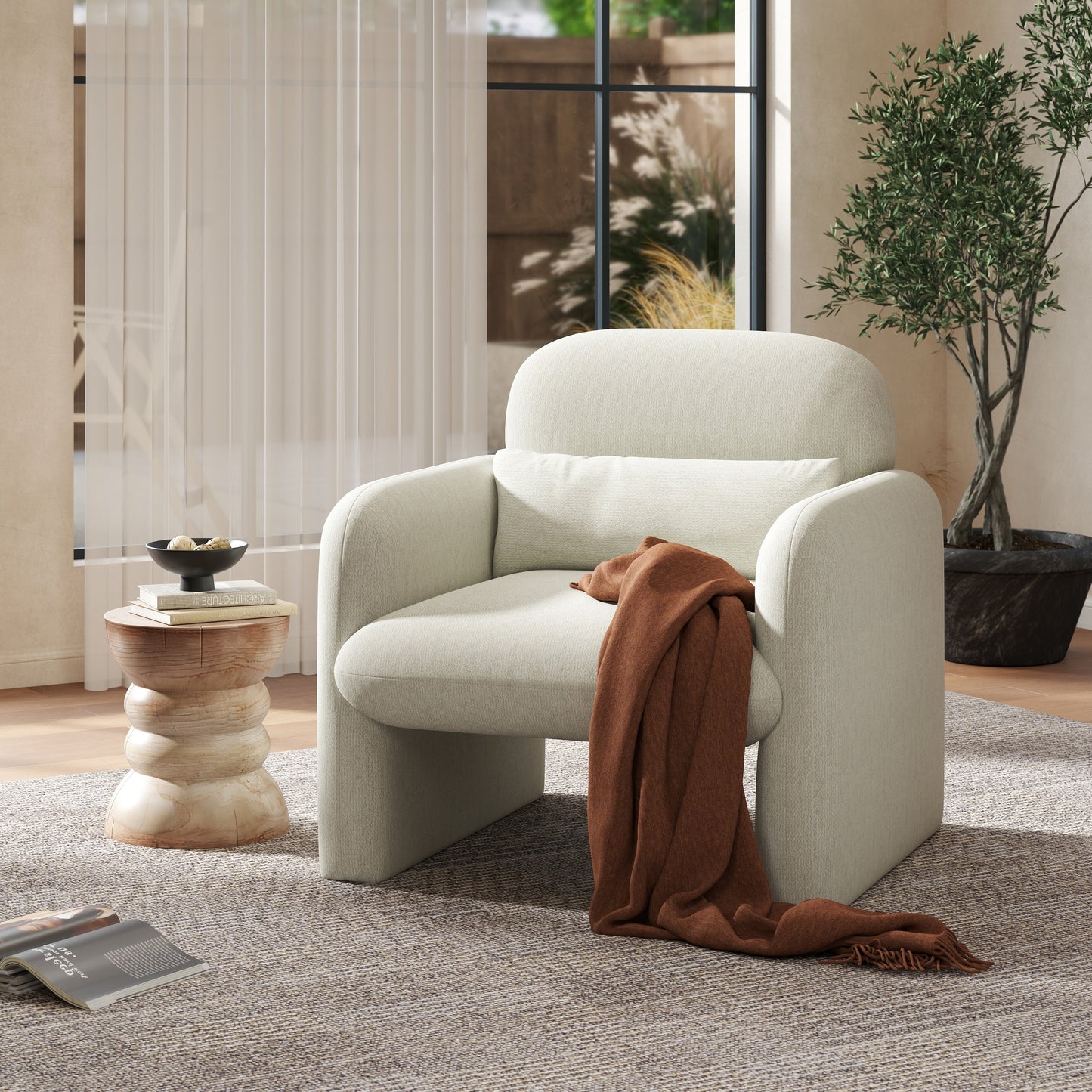 Roundhill Furniture Dylan Modern Upholstered Barrel Armchair, Cream White