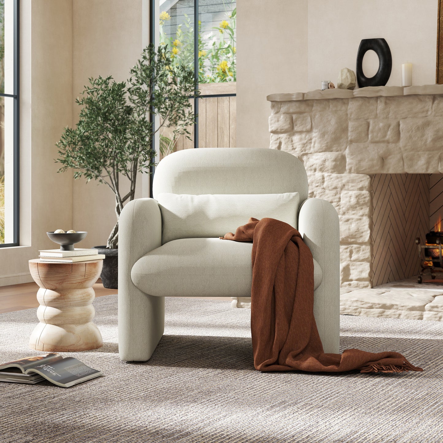 Roundhill Furniture Dylan Modern Upholstered Barrel Armchair, Cream White