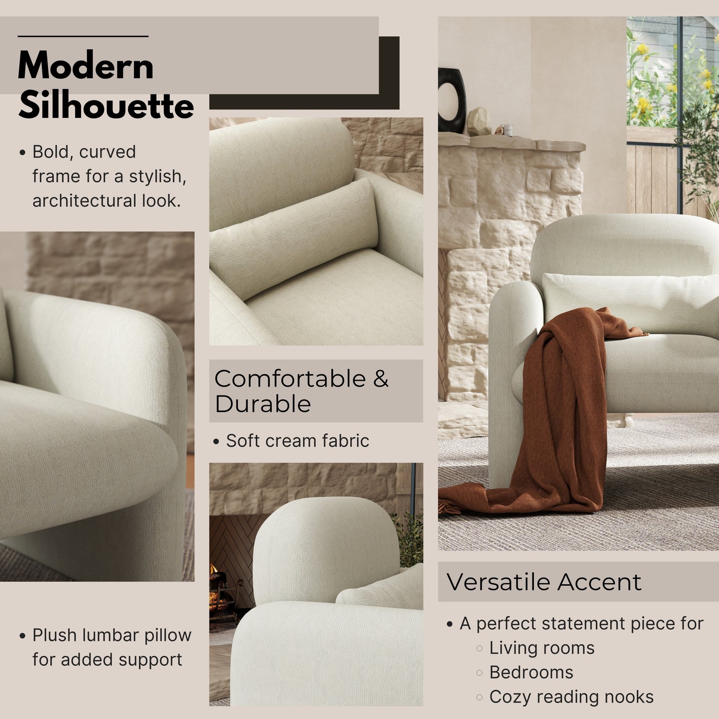 Roundhill Furniture Dylan Modern Upholstered Barrel Armchair, Cream White