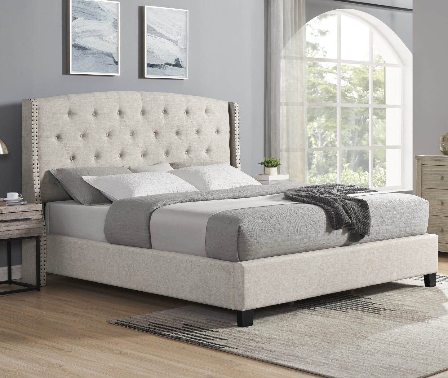 Nantarre Fabric Button Tufted Wingback Upholstered Bed with Nail Head Trim, Tan