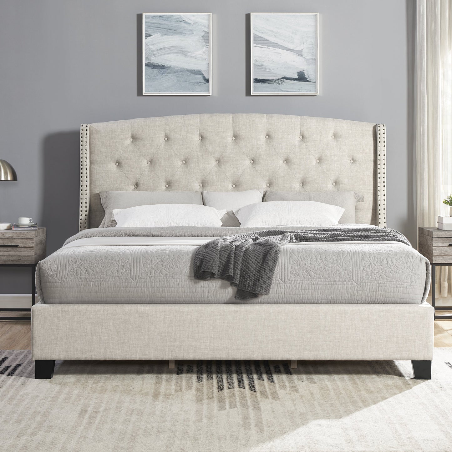 Nantarre Fabric Button Tufted Wingback Upholstered Bed with Nail Head Trim, Tan
