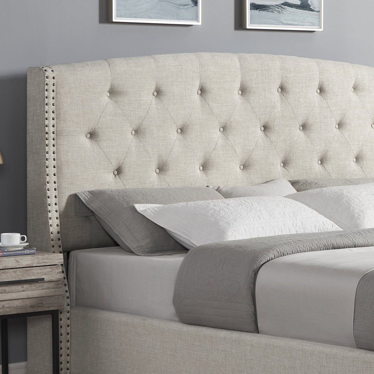 Nantarre Fabric Button Tufted Wingback Upholstered Bed with Nail Head Trim, Tan