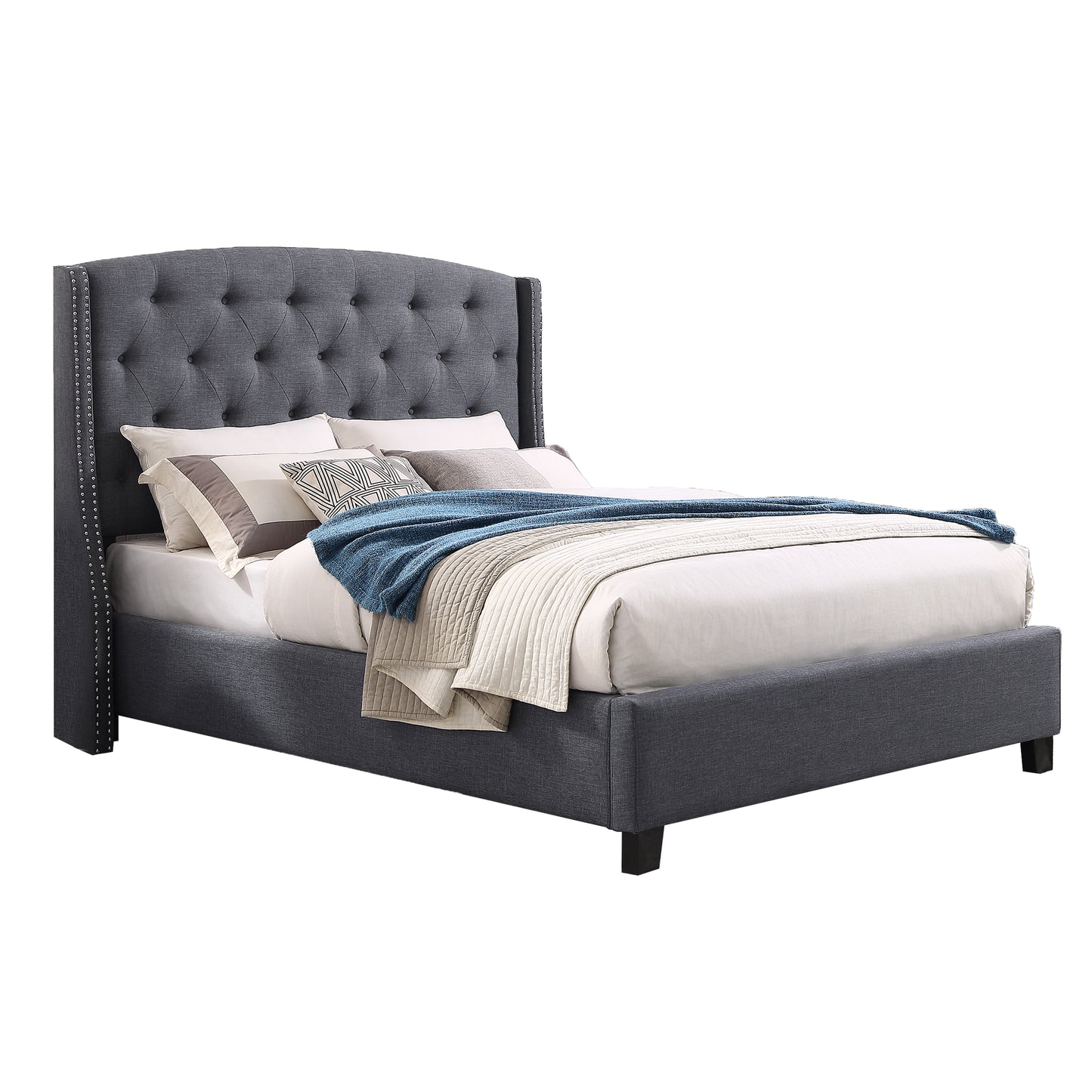 Nantarre Fabric Button Tufted Wingback Upholstered Bed with Nail Head Trim, Gray