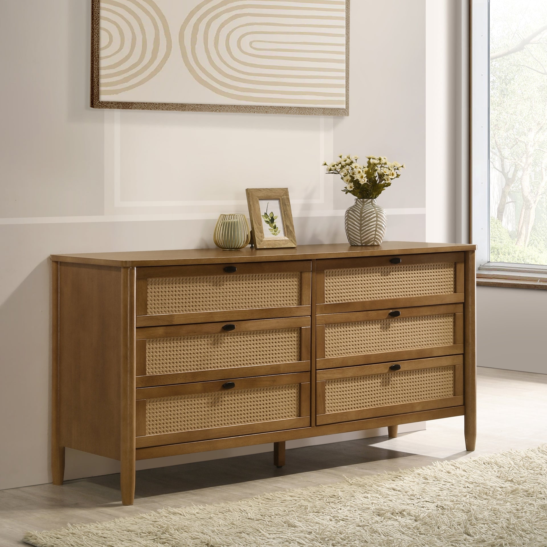 rattan dresser Roundhill Furniture Vichy Wood and Rattan 6-Drawer Dresser