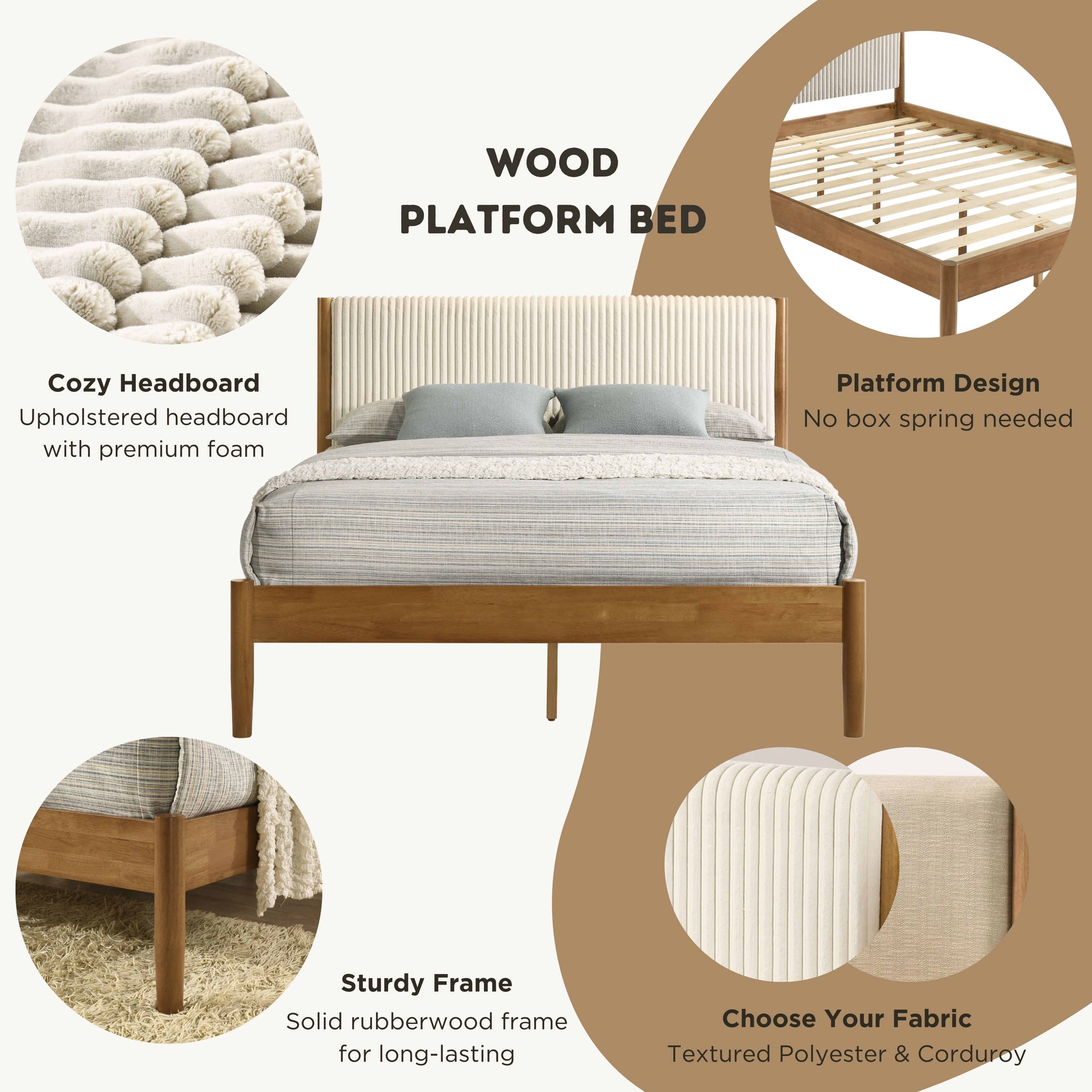 Vichy Rubberwood Platform Bed in Light Walnut – Roundhill Furniture