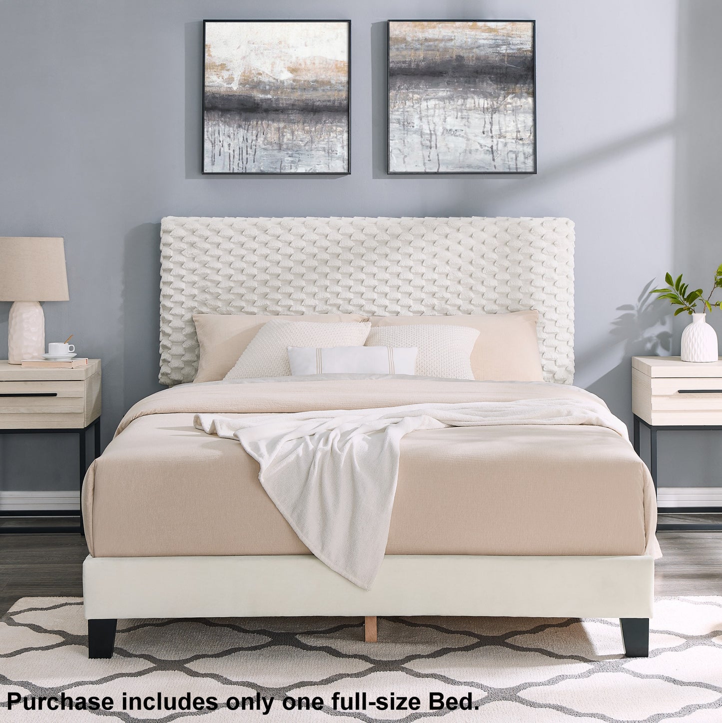 Findlay Plush 3D Upholstered Platform Bed in White Dove