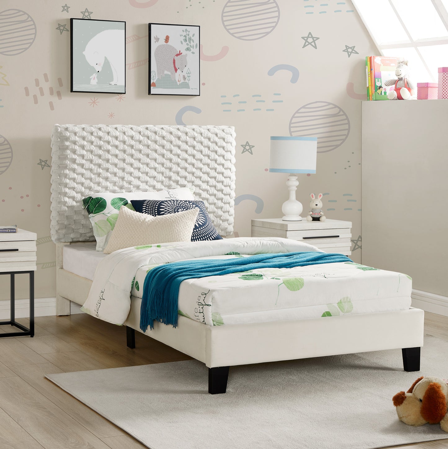 Findlay Plush 3D Upholstered Platform Bed in White Dove