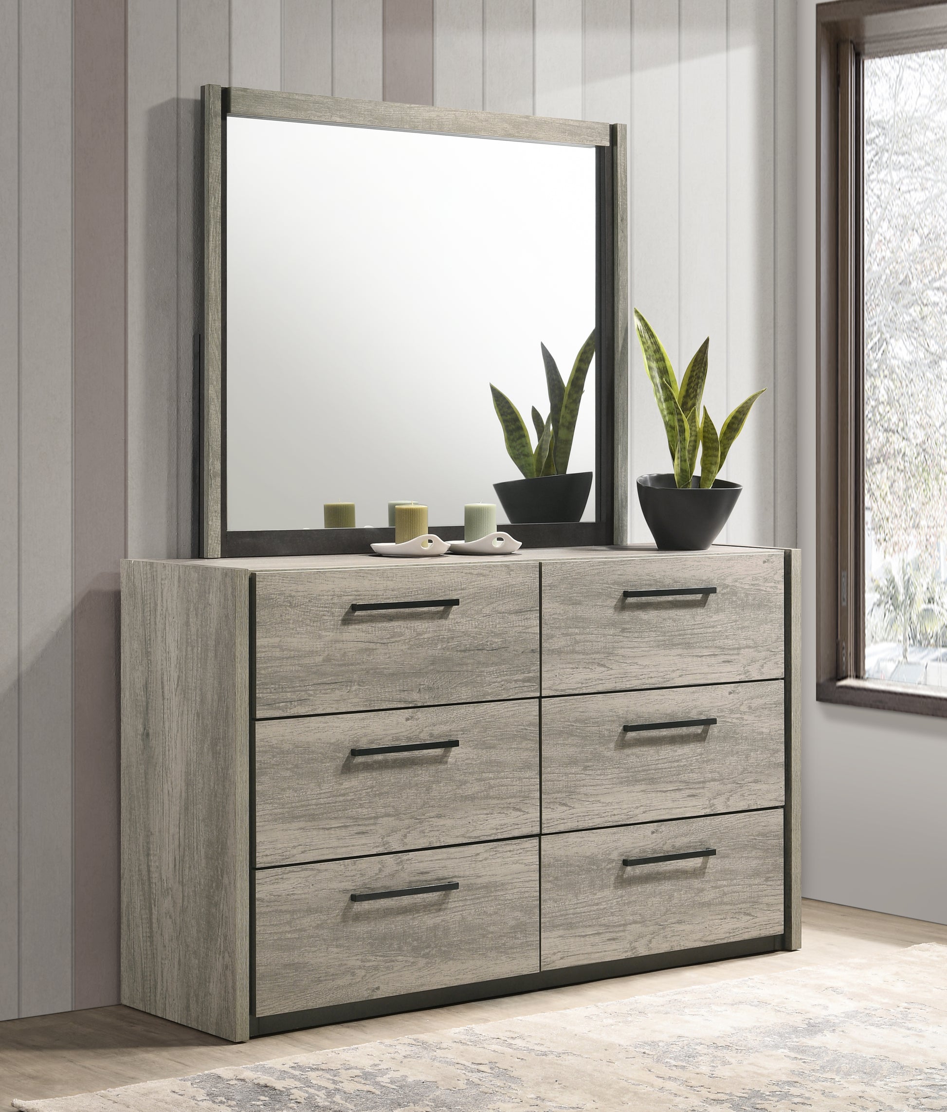 Roundhill Furniture Lenca 6-Drawer Dresser with Mirror - Weathered Gra Roundhill Furniture Lenca 6-Drawer Dresser with Mirror - Weathered Gra